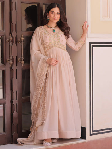 Stylish Peach Thread Work Georgette Festival Wear Gown With Dupatta