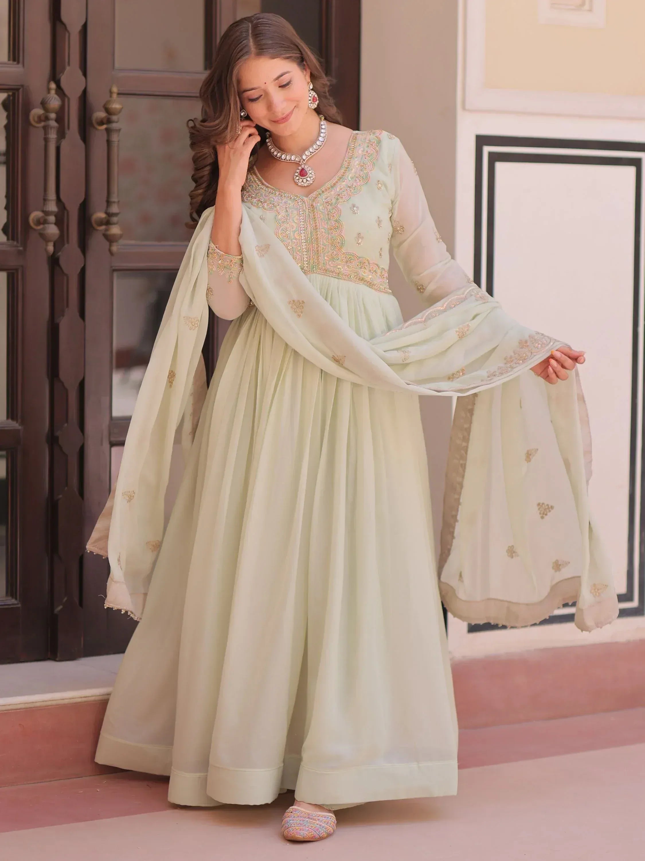 Wonderful Pista Green Thread Work Georgette Gown With Dupatta