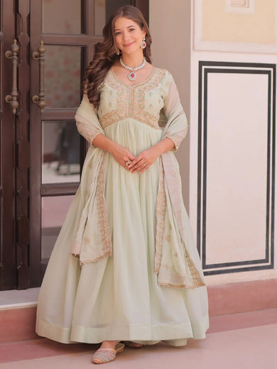 Wonderful Pista Green Thread Work Georgette Gown With Dupatta
