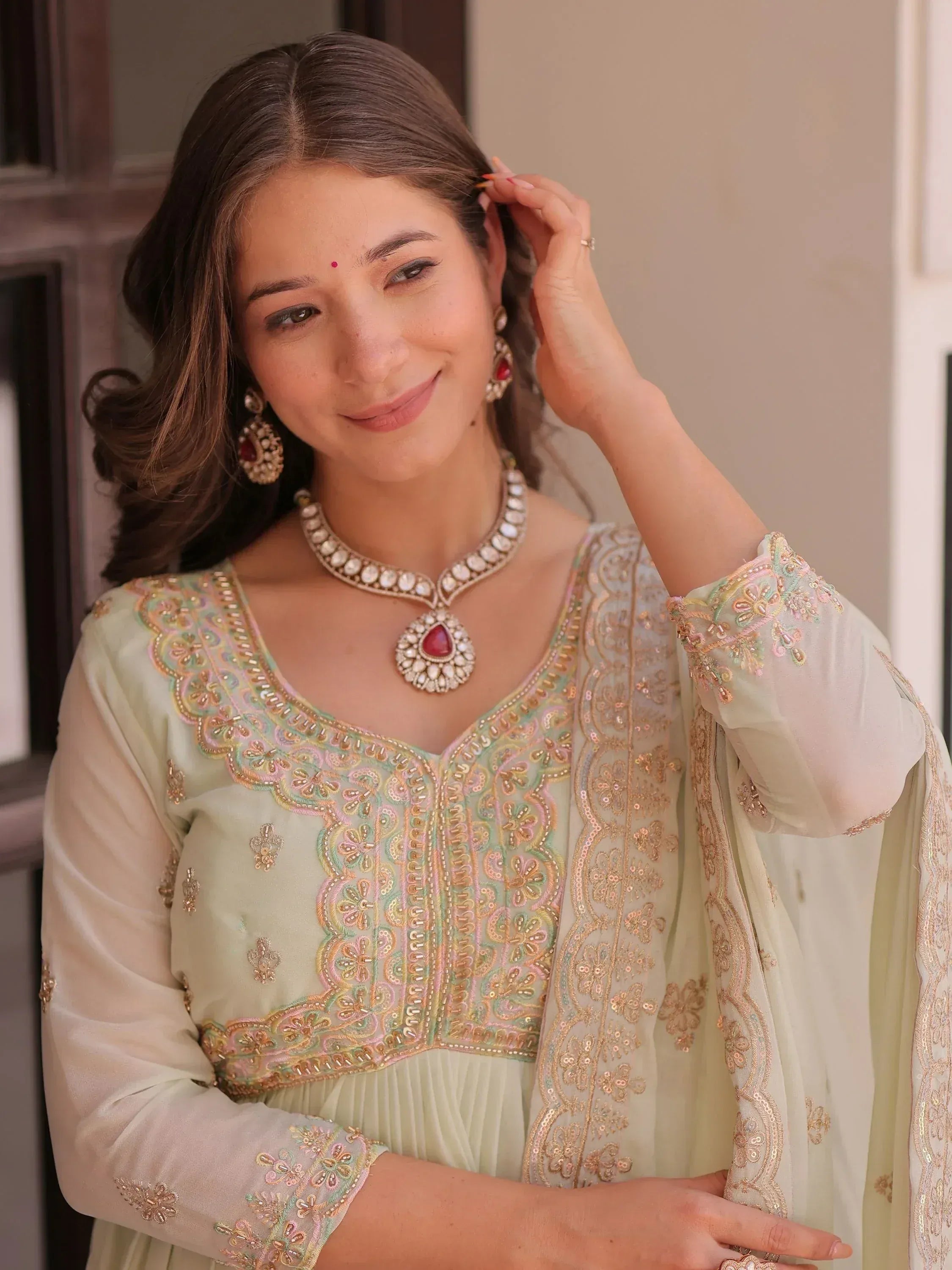 Wonderful Pista Green Thread Work Georgette Gown With Dupatta