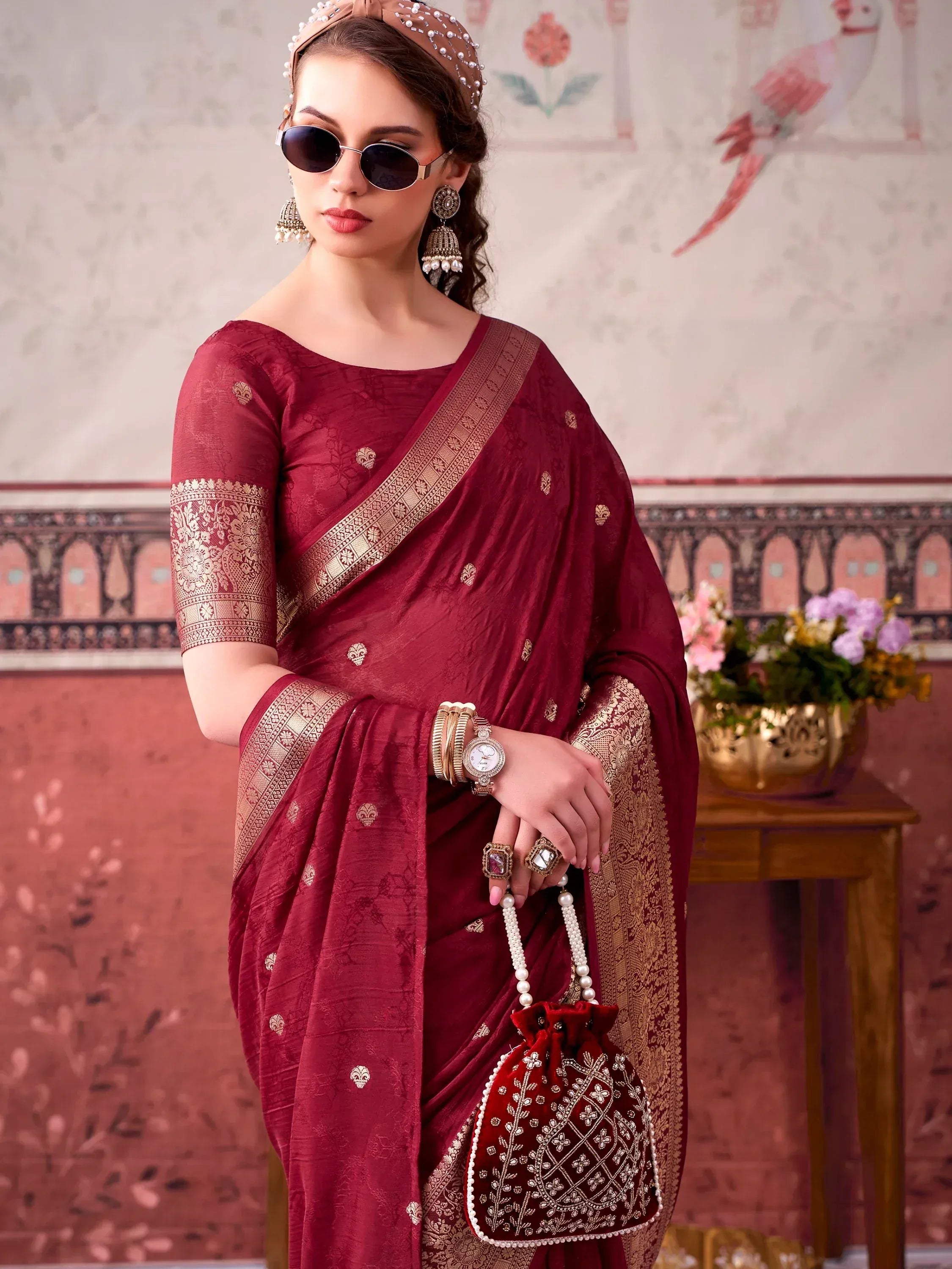 Classy Maroon Zari Work Chinon Wedding Wear Saree With Blouse