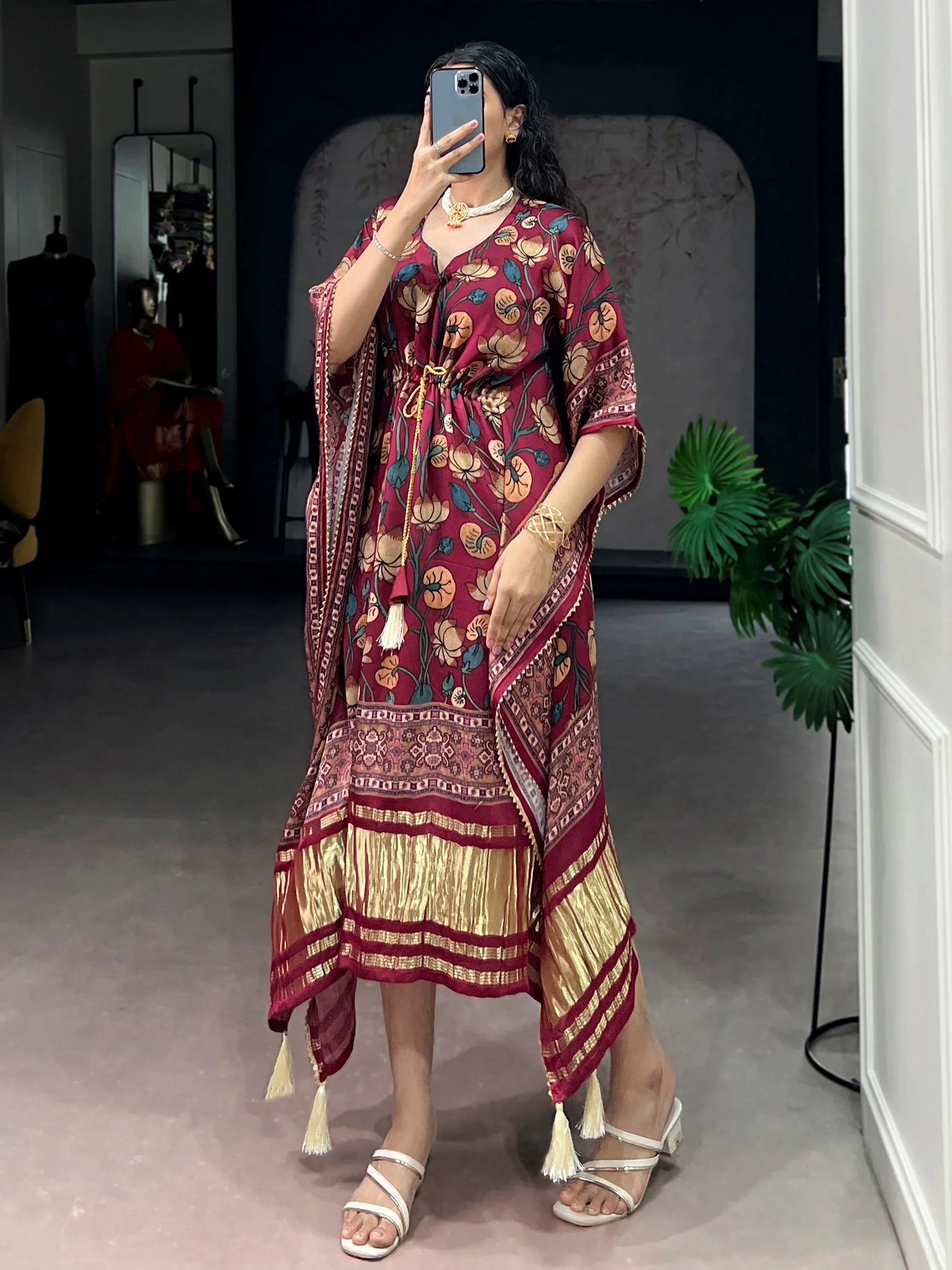Charming Maroon Digital Printed Gaji Silk Wedding Wear Kaftan