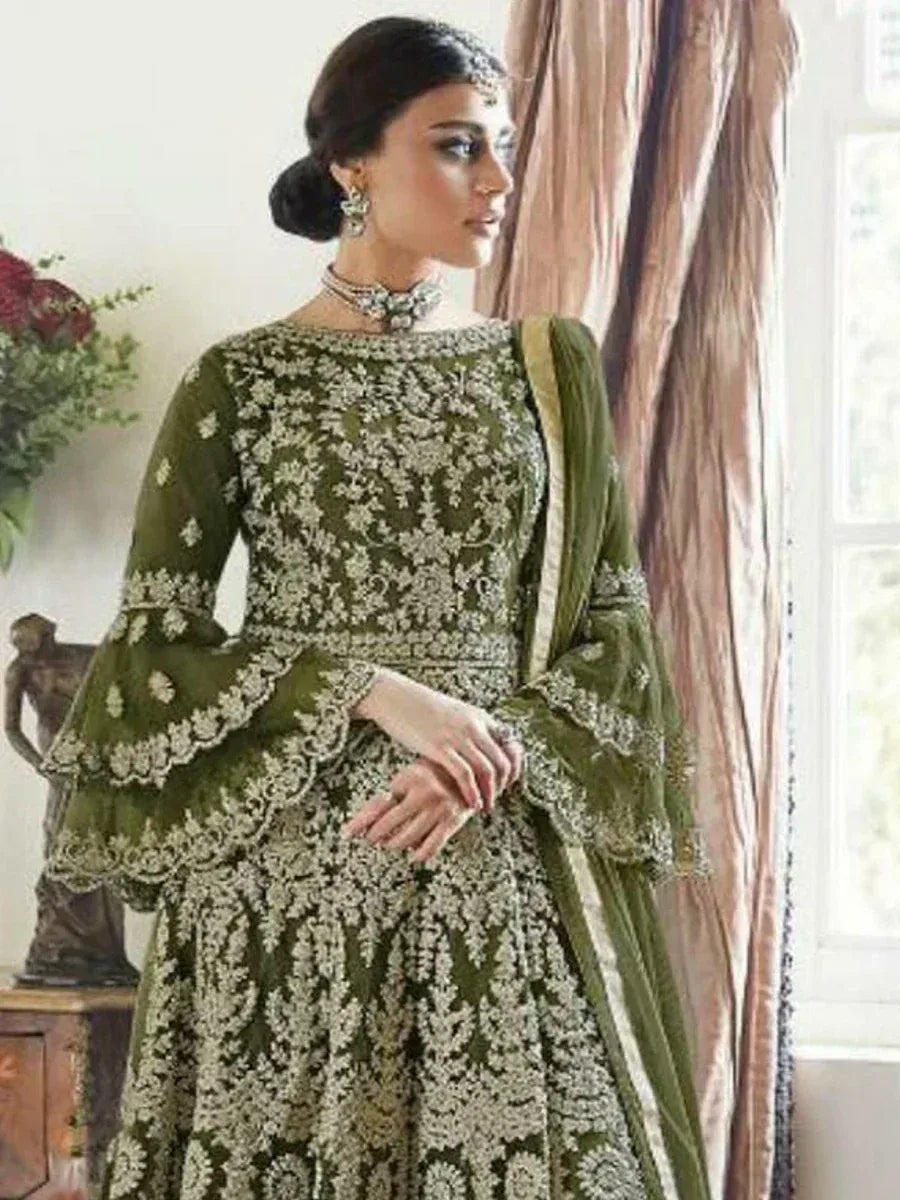 Olive green embroidered anarkali suit with bell sleeves, perfect for Indian ethnic occasions and weddings.