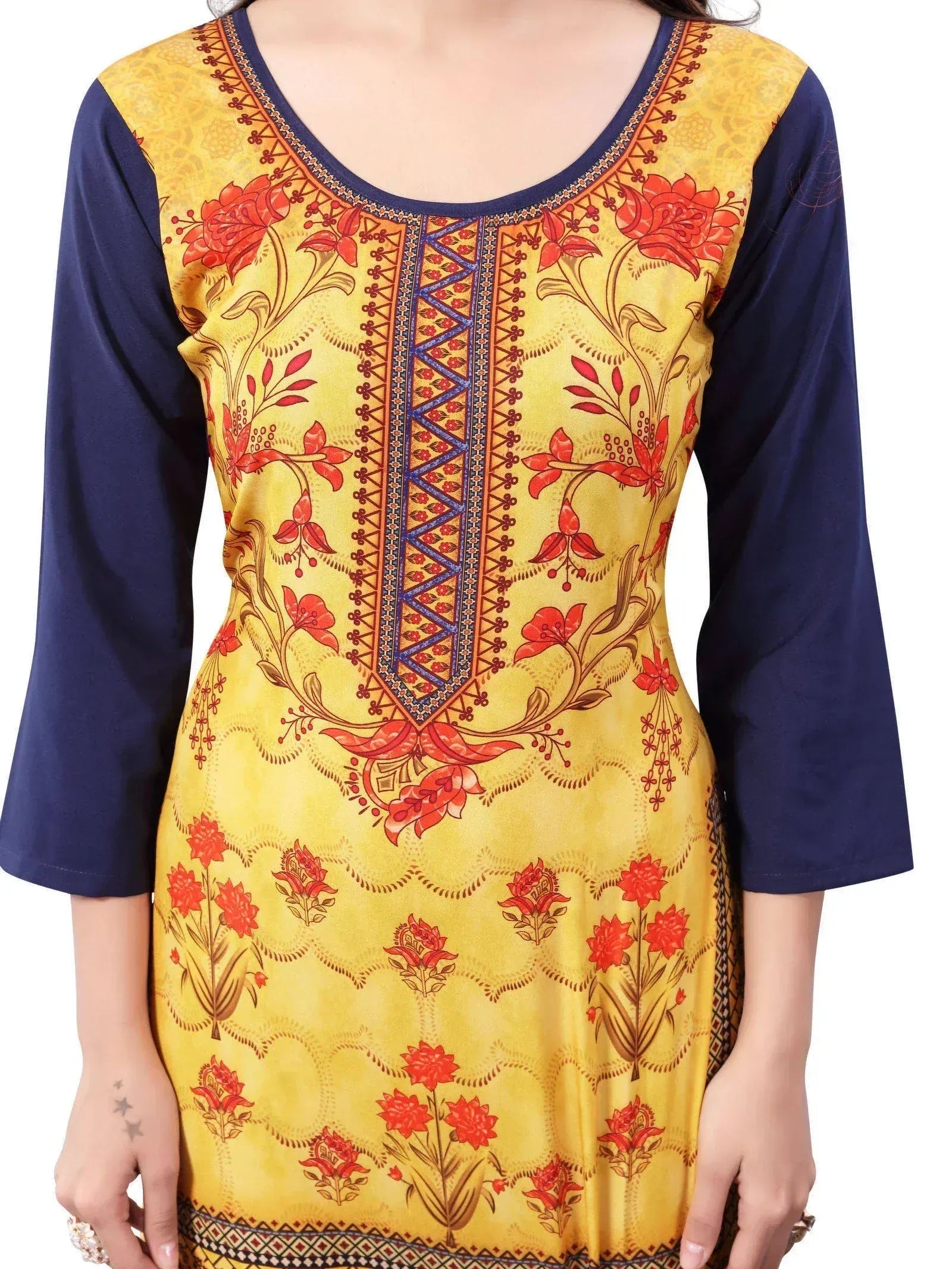 Yellow-Navy Blue Digital Floral Printed Crepe Readymade Kurti