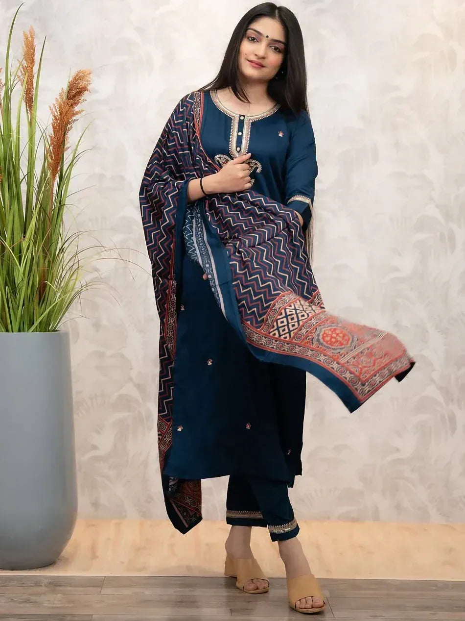 Navy blue ethnic salwar kameez with printed dupatta, perfect for Indian festive occasions