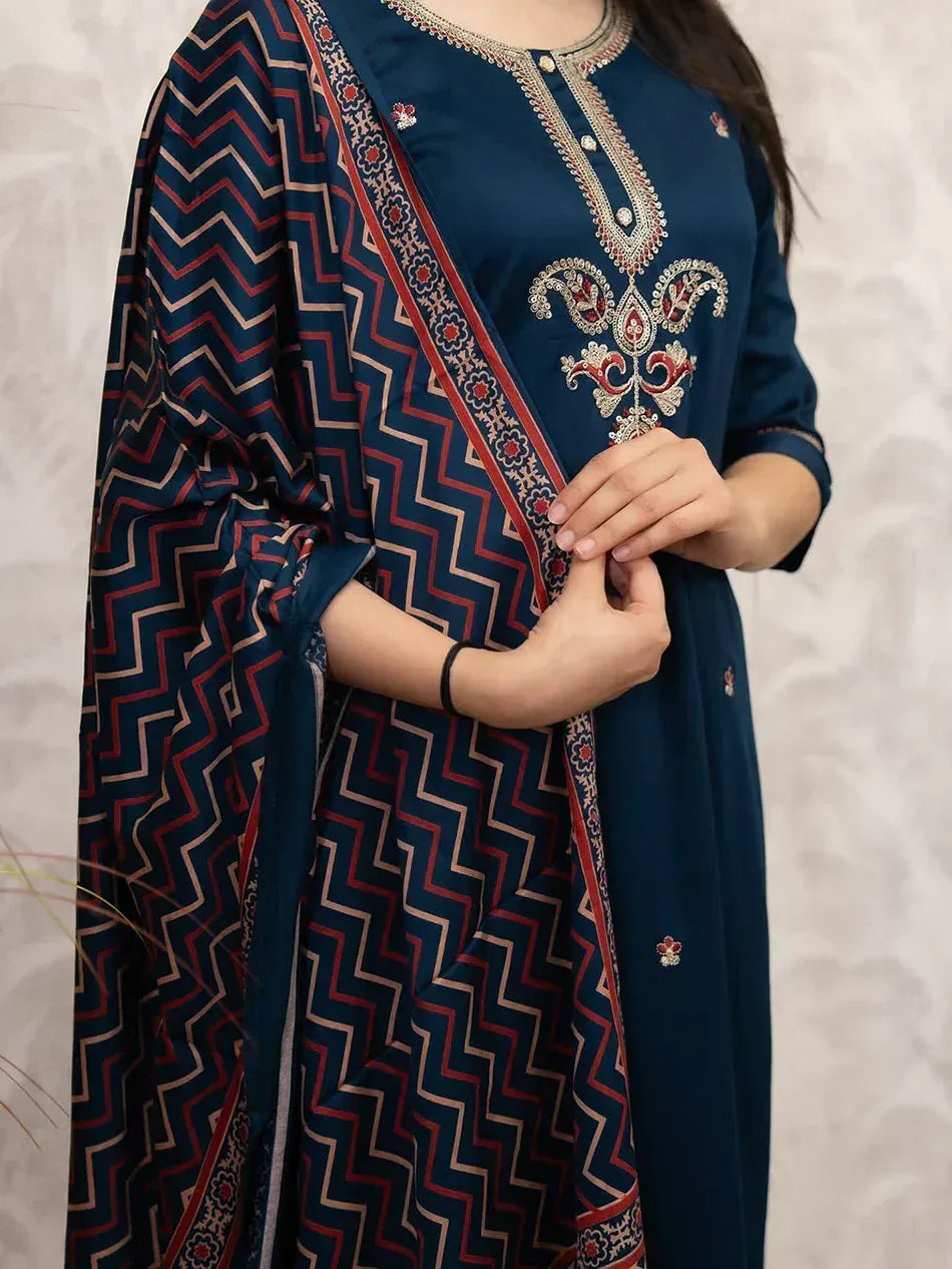 Navy blue embroidered kurta with geometric dupatta, Indian ethnic wear