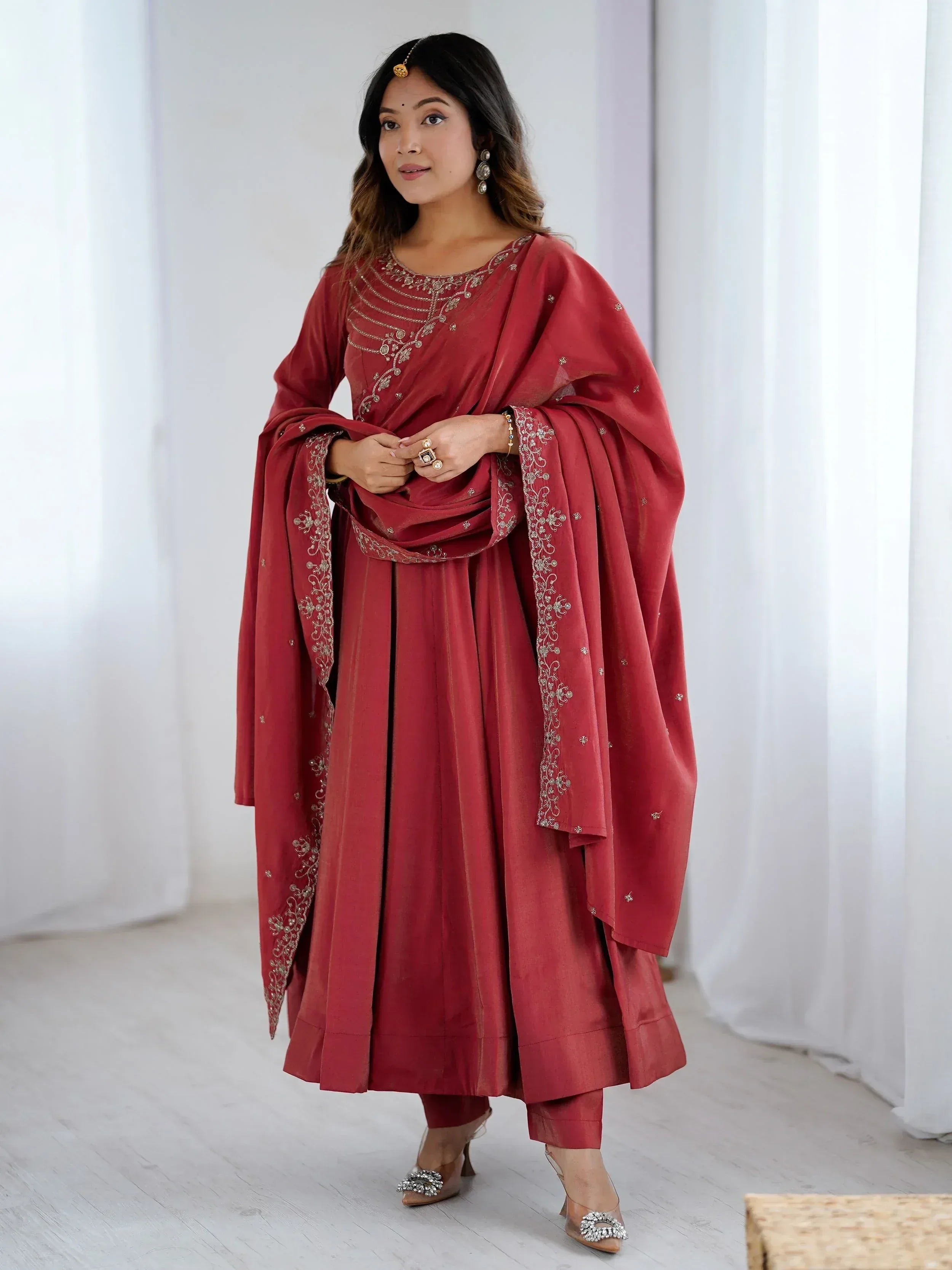 Red embroidered salwar kameez with dupatta, Indian ethnic wear for women