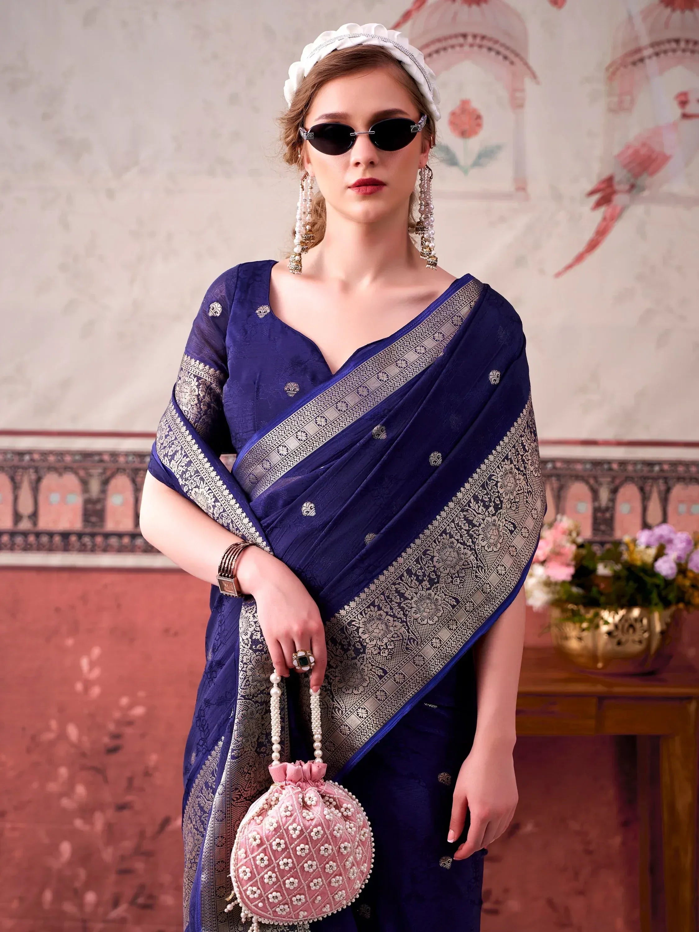 Glorious Navy Blue Zari Weaving Chinon Designer Saree With Blouse