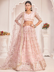 Prominent Pastel Pink Sequins Embroidery Net Lehenga Choli