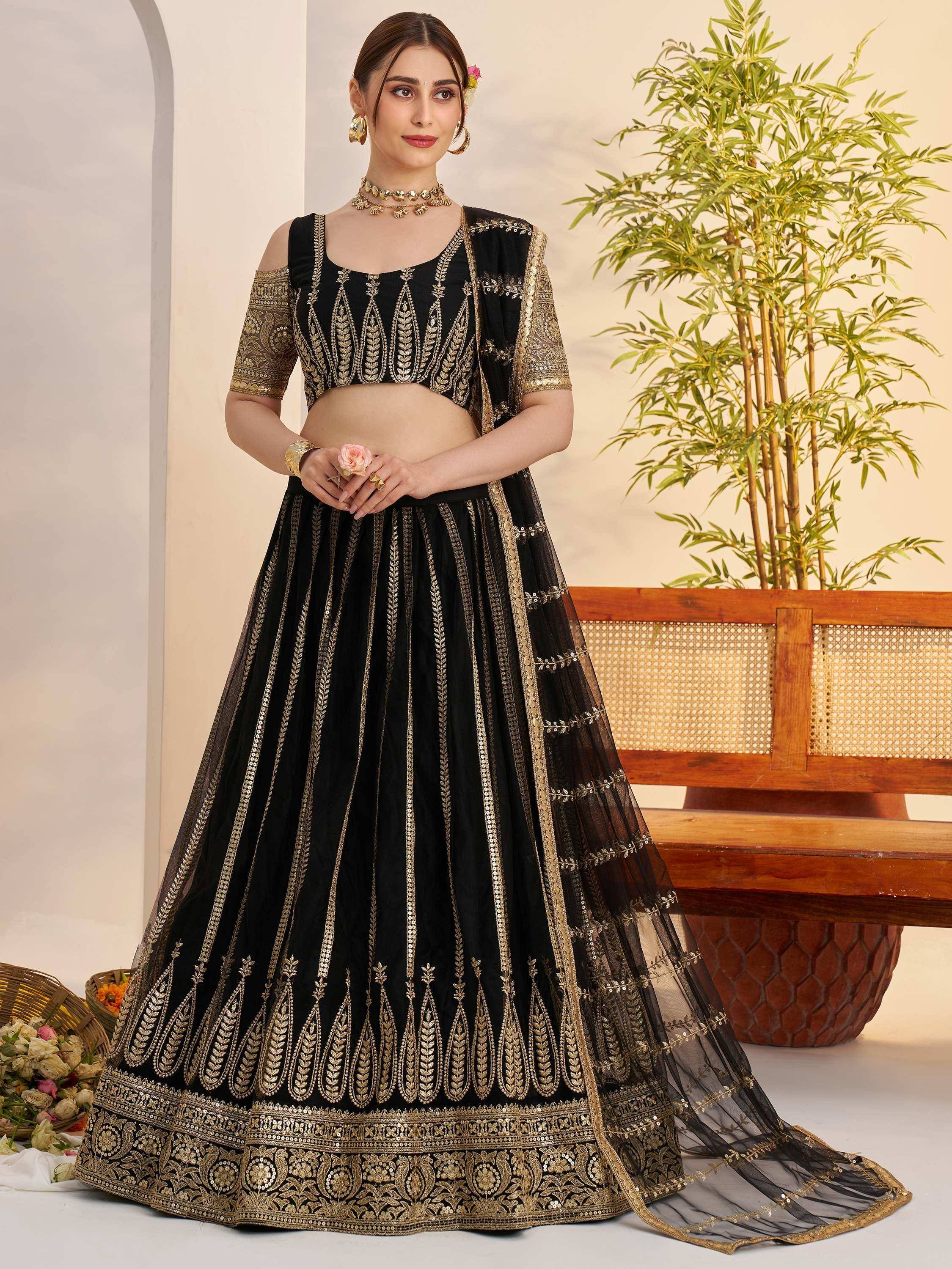 Black and gold embroidered lehenga choli with sequin work, perfect for Indian ethnic wear occasions