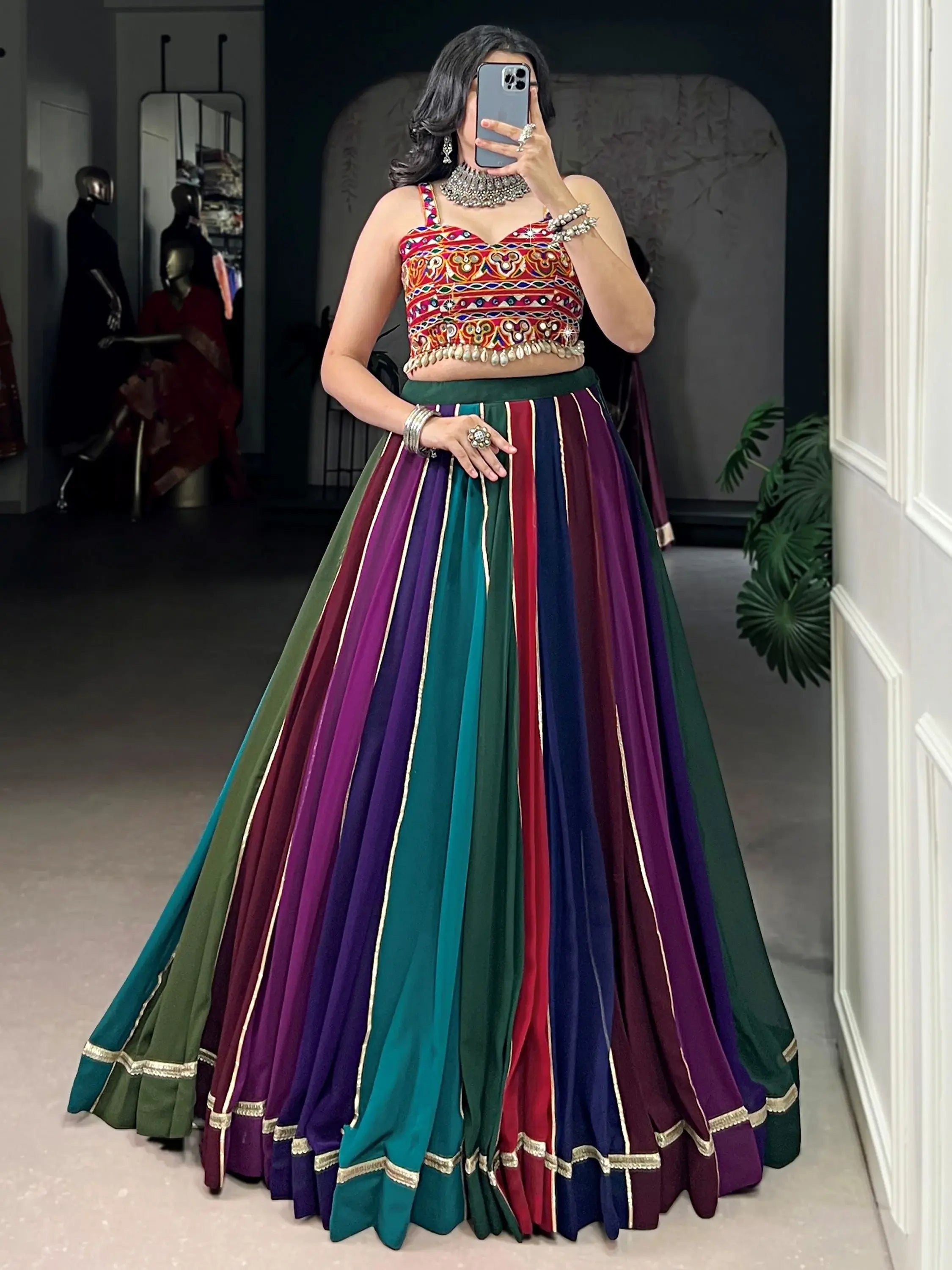 Wonderful Multi-Color Rayon Navratri Lehenga With Gamthi Work Choli