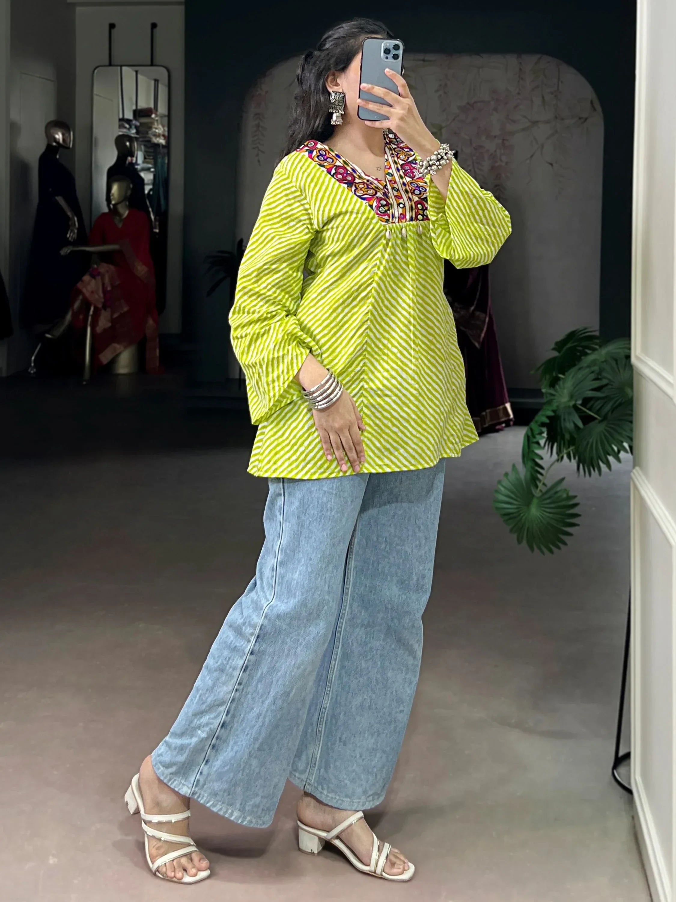 Attractive light Green Laheriya Printed Cotton Navratri Special Top