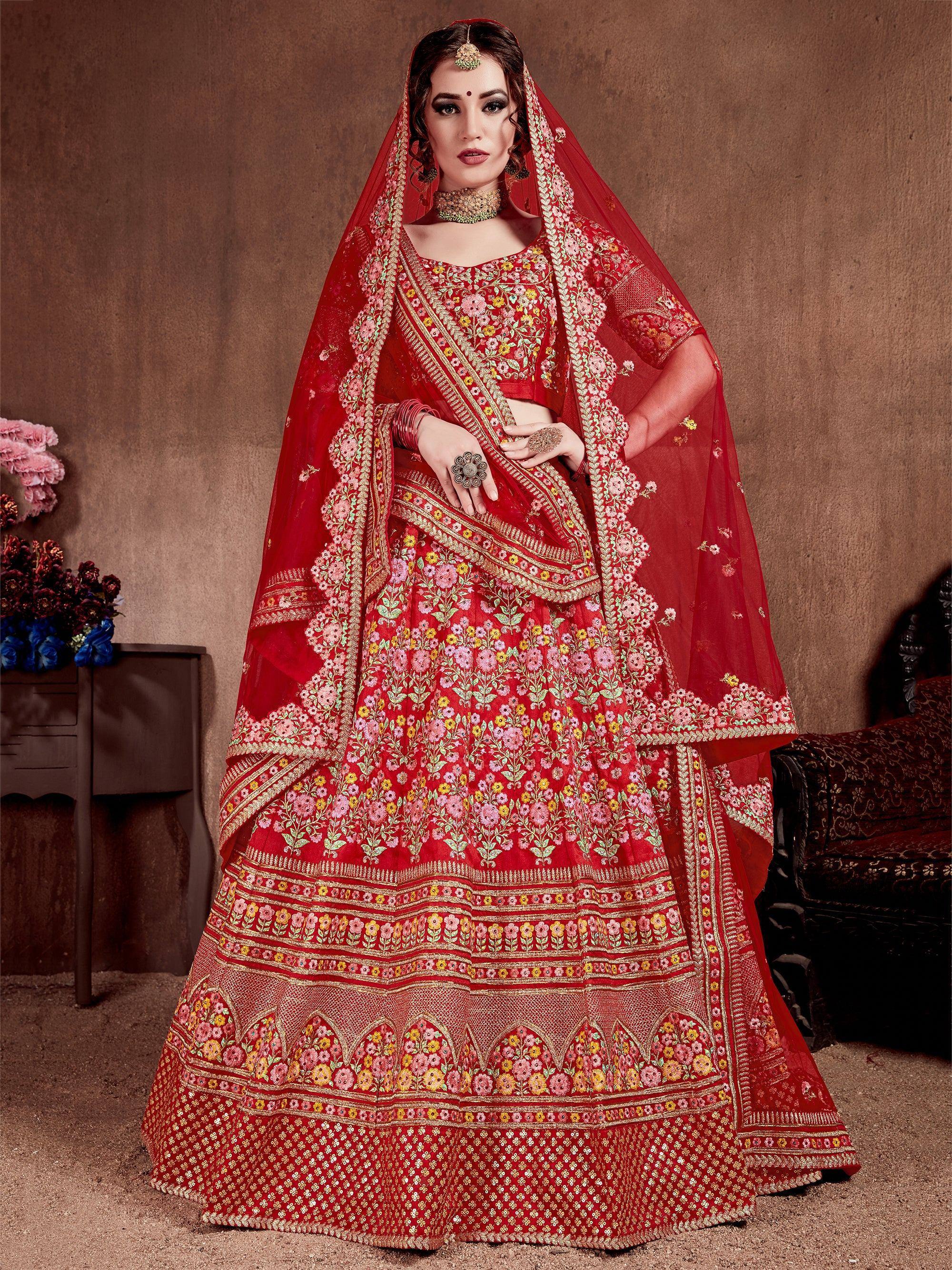 Red floral embroidered lehenga choli with dupatta, Indian ethnic wear for weddings