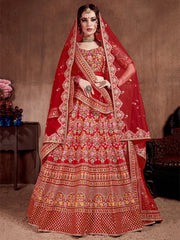 Red Embroidered Art Silk Bridal Lehenga Choli with Two Dupattas
