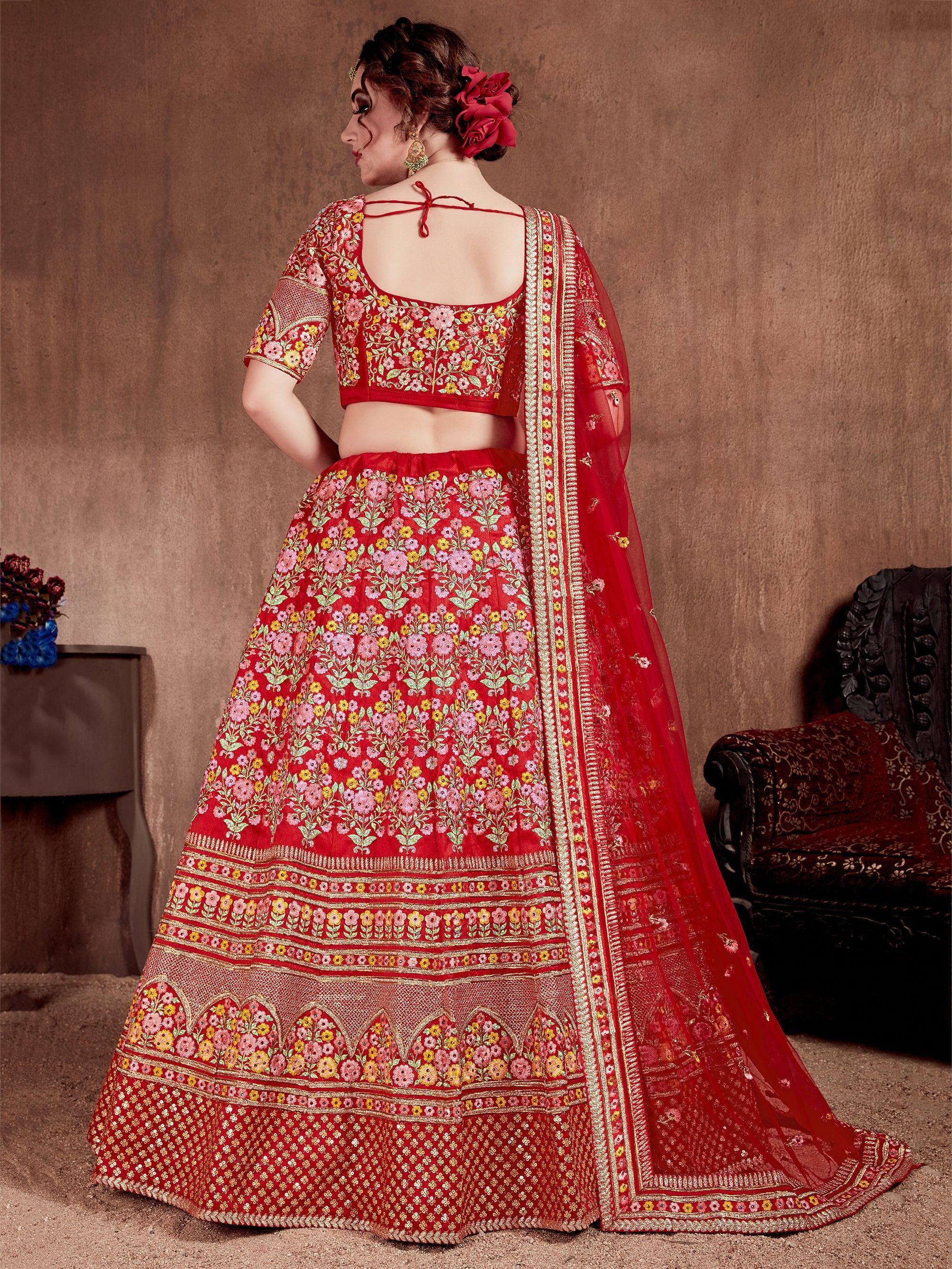 Red floral embroidered lehenga choli with dupatta, Indian ethnic wear for weddings and festivals