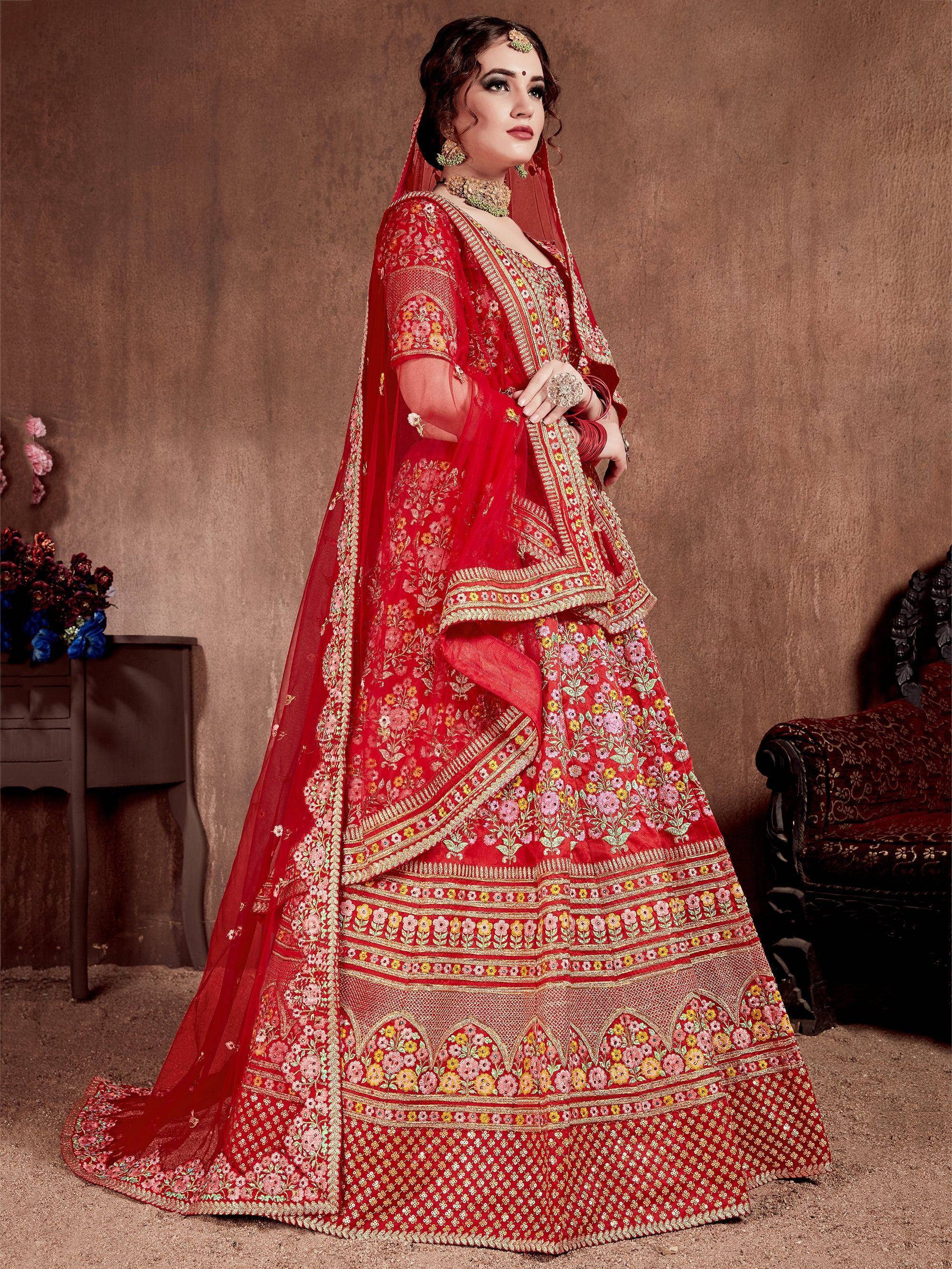Red floral embroidered lehenga choli with dupatta, Indian ethnic wear for weddings