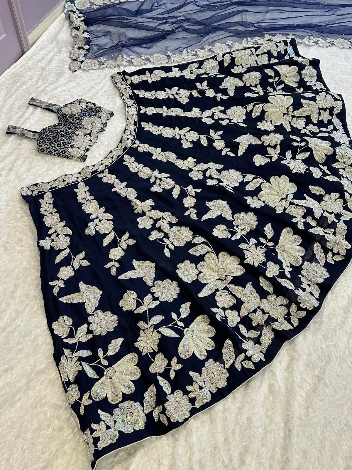 Fascinating Blue Dori Work Georgette Engagement Wear Lehenga Choli