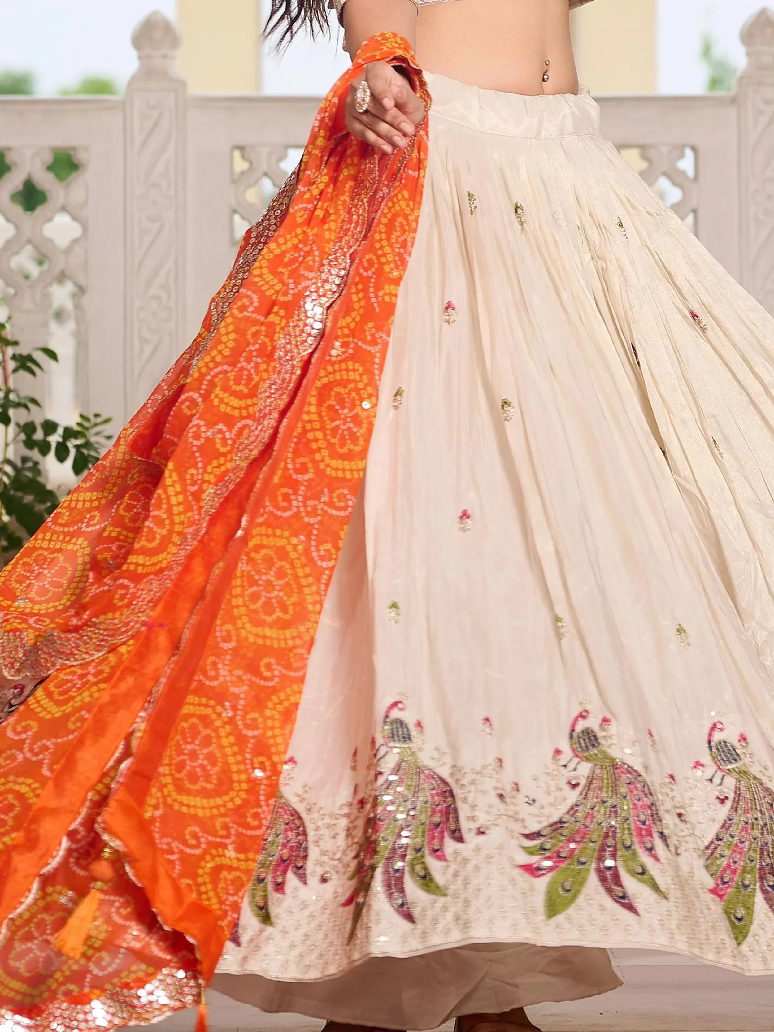 Tantalizing Orange Thread Embroidered Tissue Silk Lehenga Choli