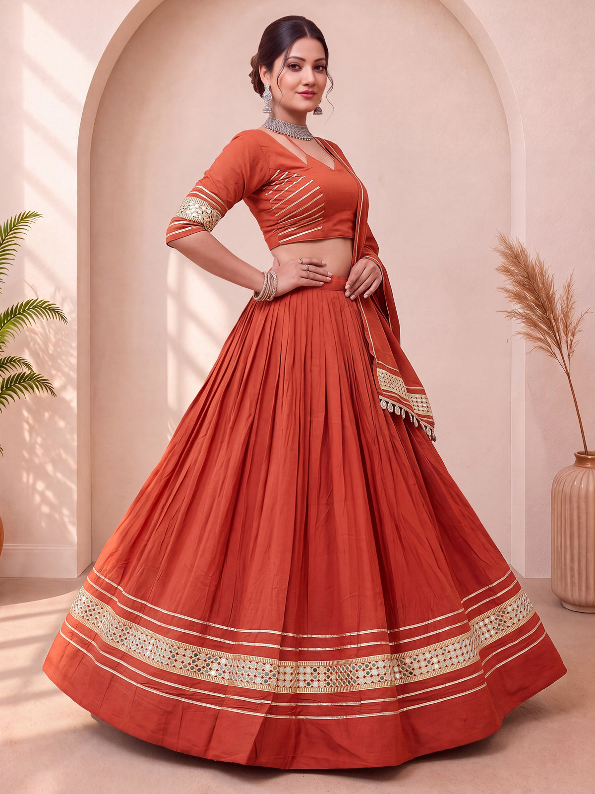 Stylish Rust Orange Mirror Laced Cotton Navratri Special Lehenga Choli