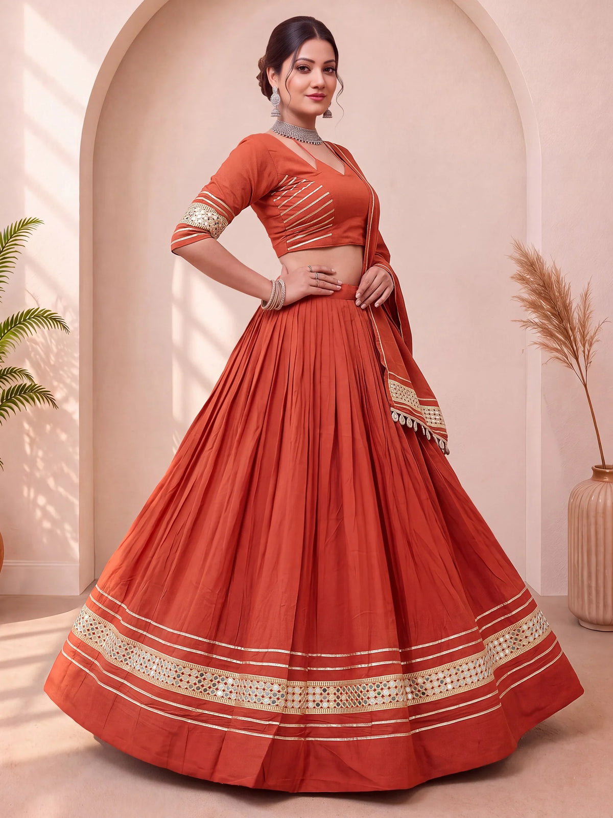 Stylish Rust Orange Mirror Laced Cotton Navratri Special Lehenga Choli