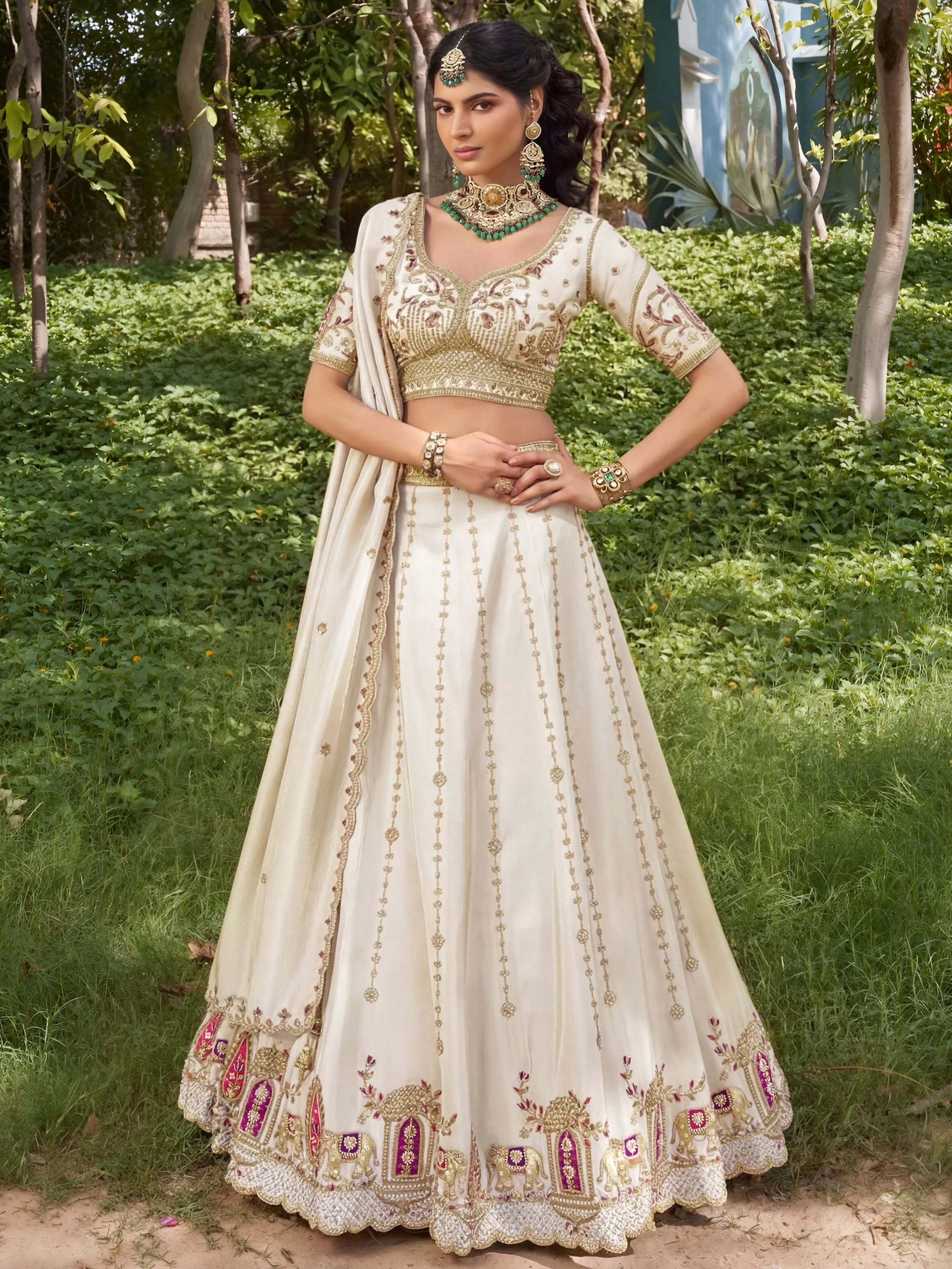 Notable Off White Bead Work Silk Wedding Wear Lehenga Choli