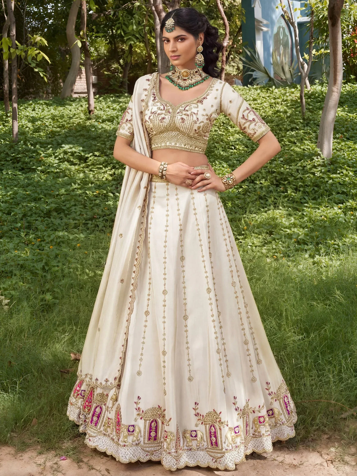 Notable Off White Bead Work Silk Wedding Wear Lehenga Choli