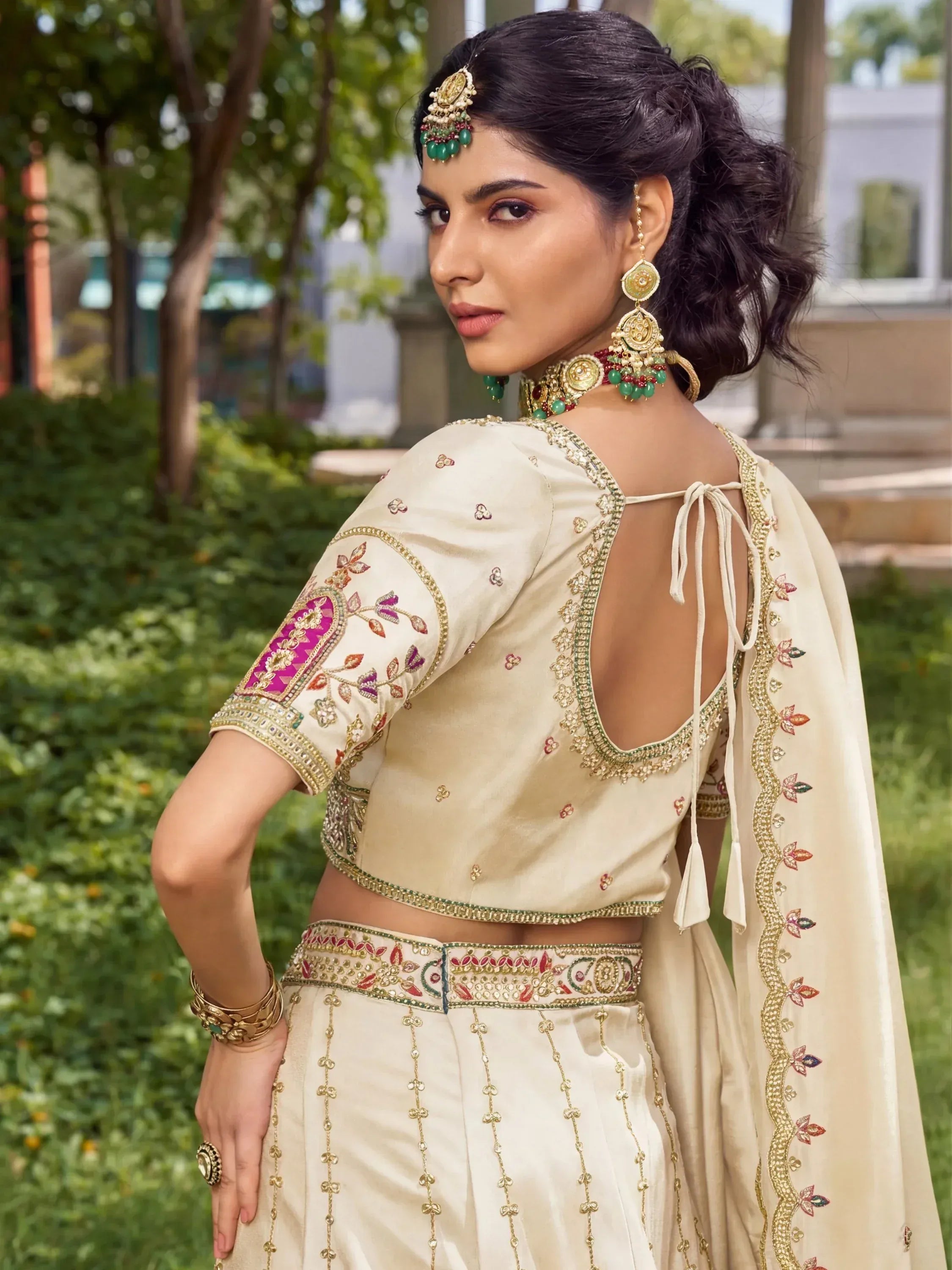 Notable Off White Bead Work Silk Wedding Wear Lehenga Choli