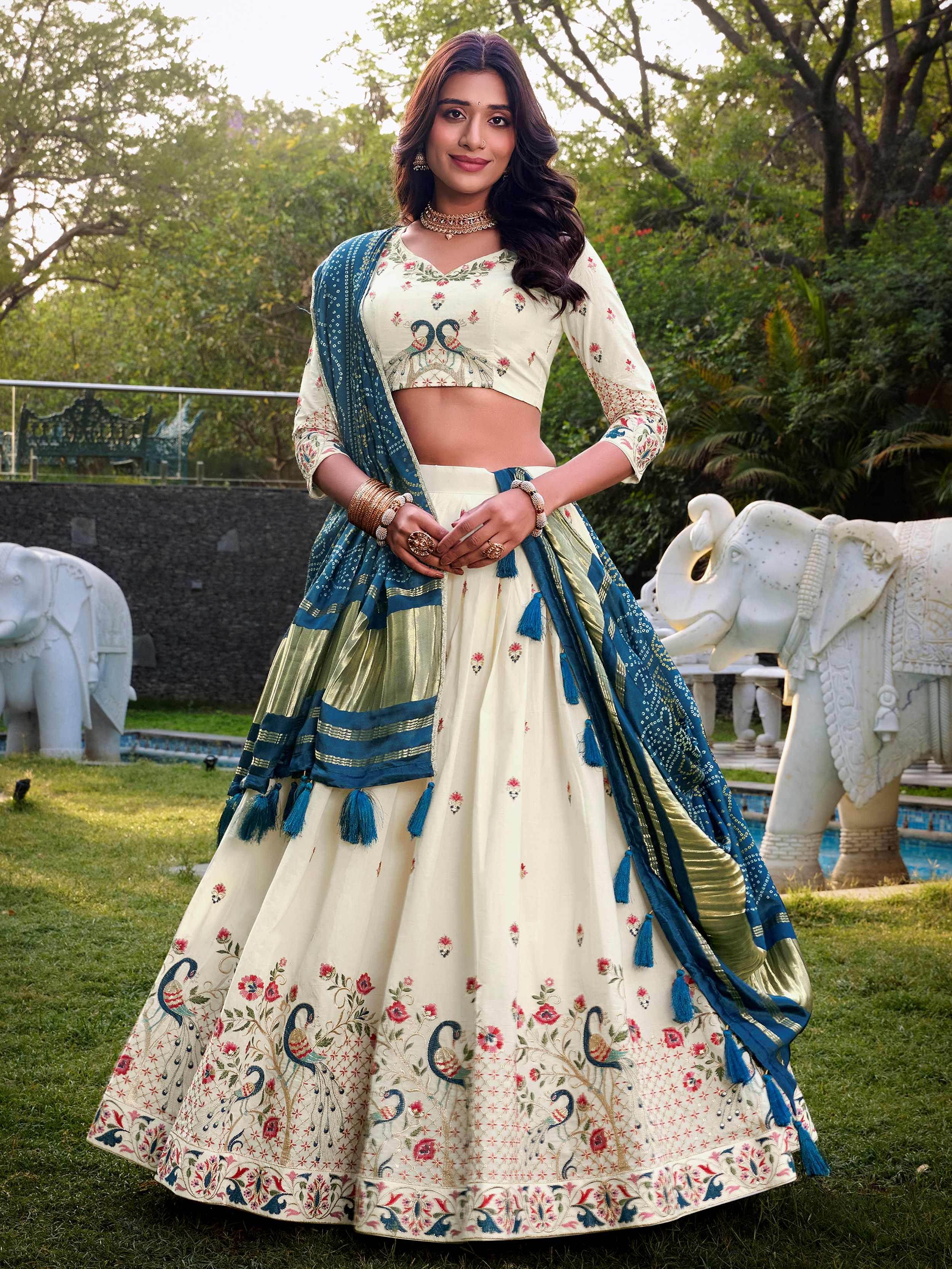 Mesmerizing Rama Blue Thread Embroidered Lehenga Choli With Dupatta