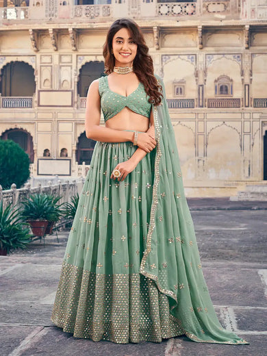 Stunning Green Georgette Sequins Embroidered Event Wear Lehenga Choli