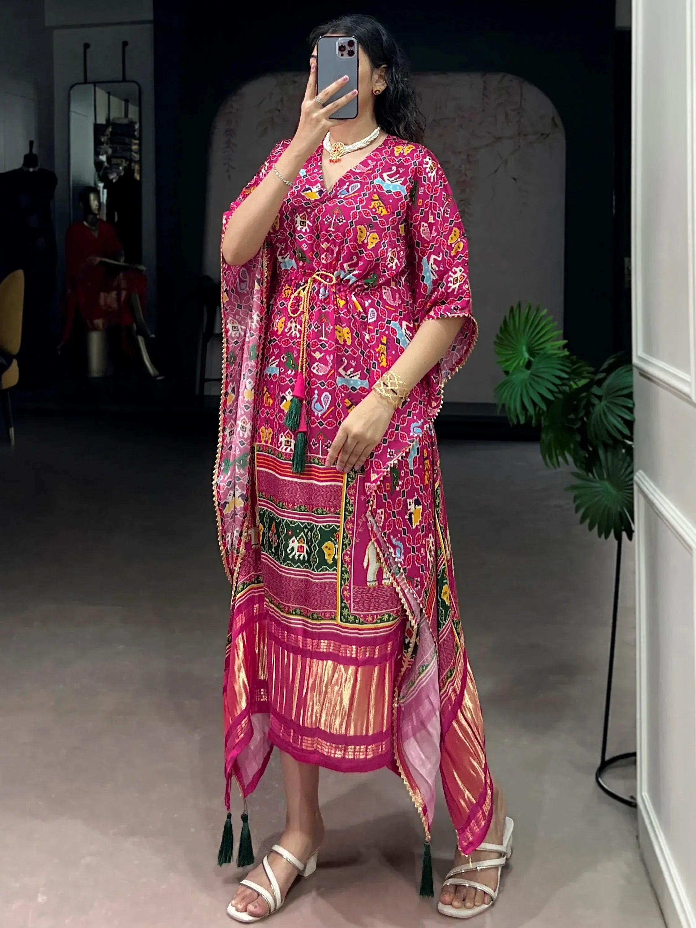 Bewitching Hot Pink Gota Laced Gaji Silk Event Wear Kaftan