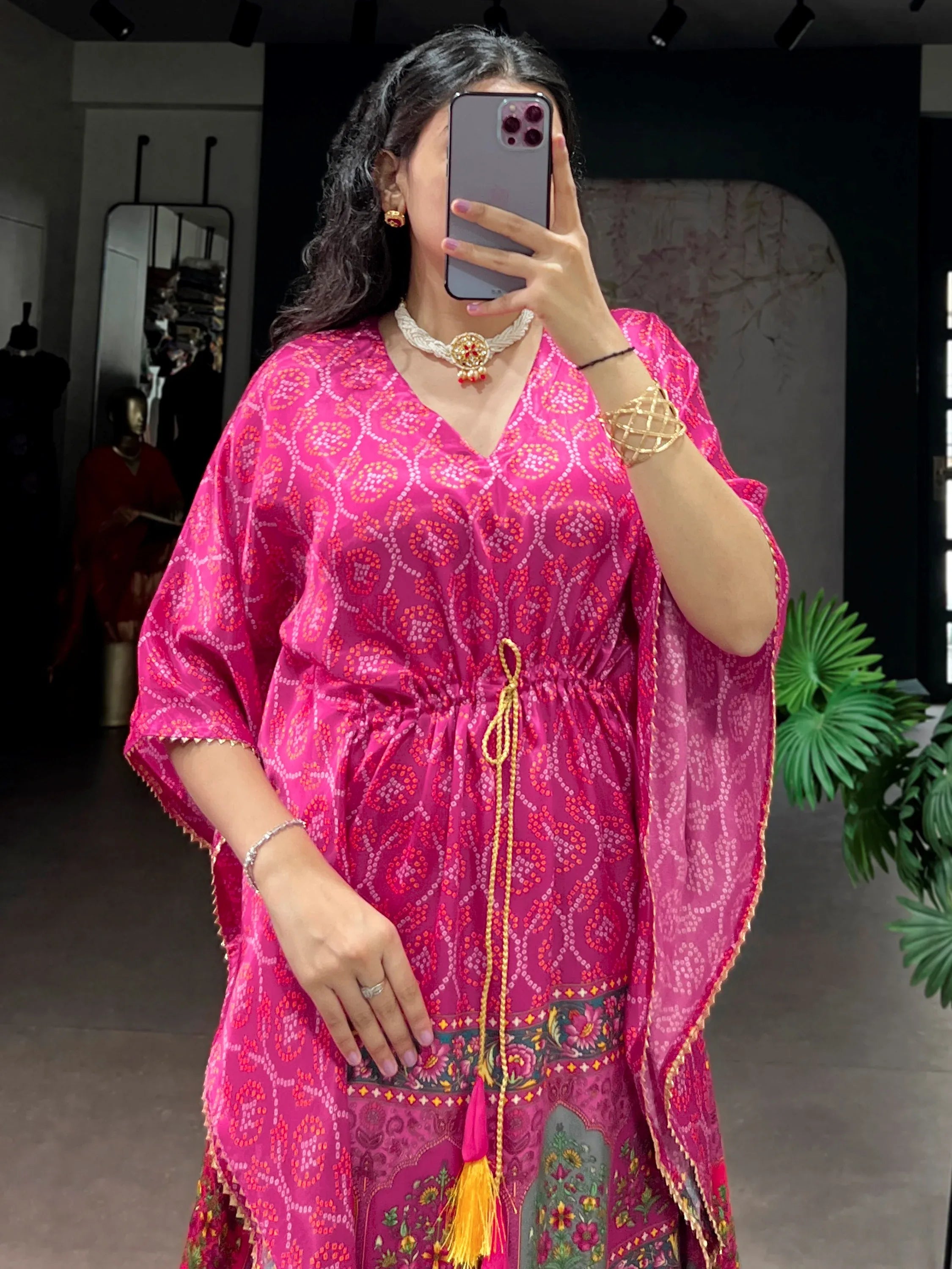 Dazzling Rani Pink Bandhani Printed Silk Function Wear Kaftan