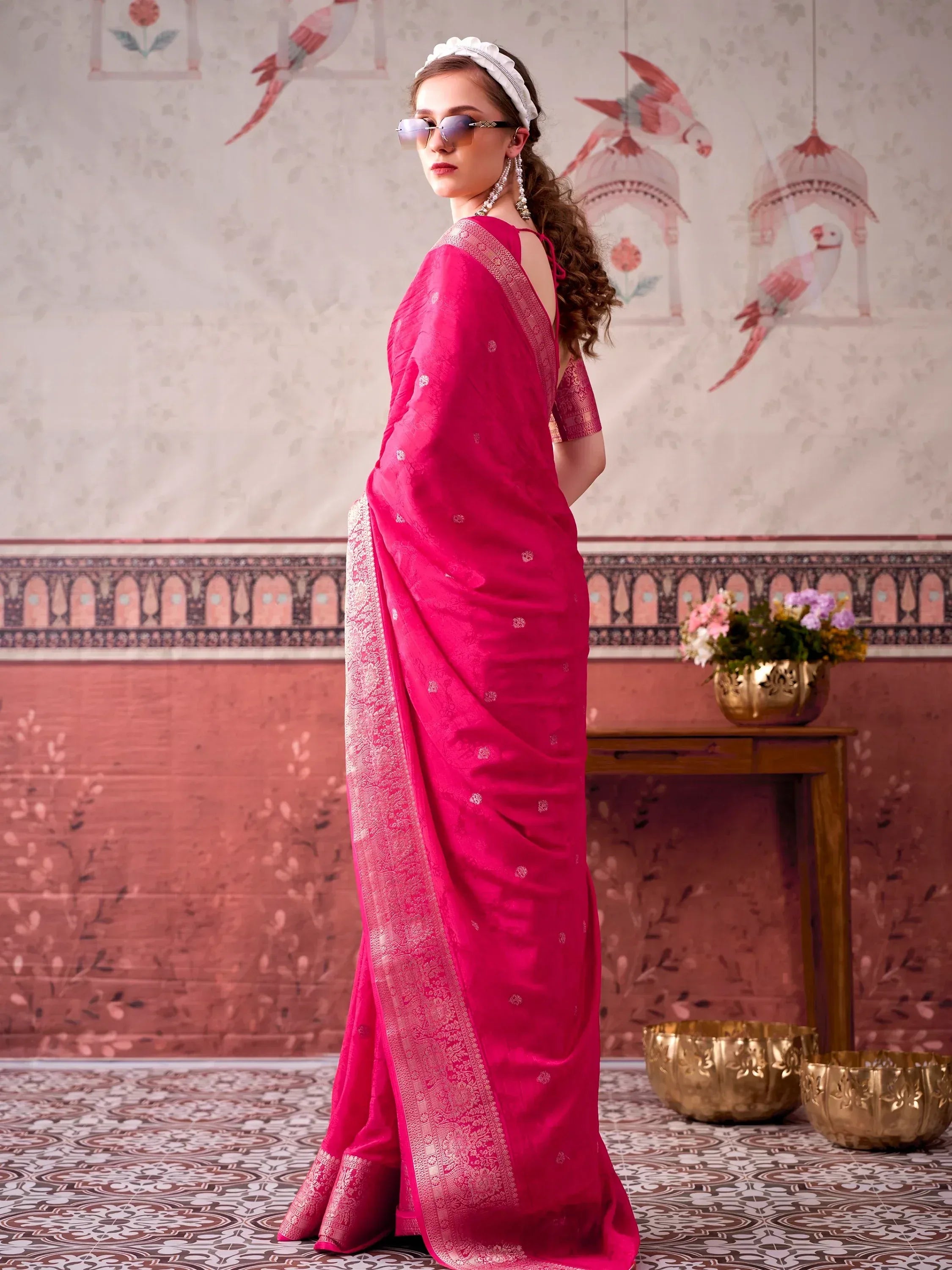 Lovely Rani Pink Zari Weaving Chinon Event Wear Saree With Blouse