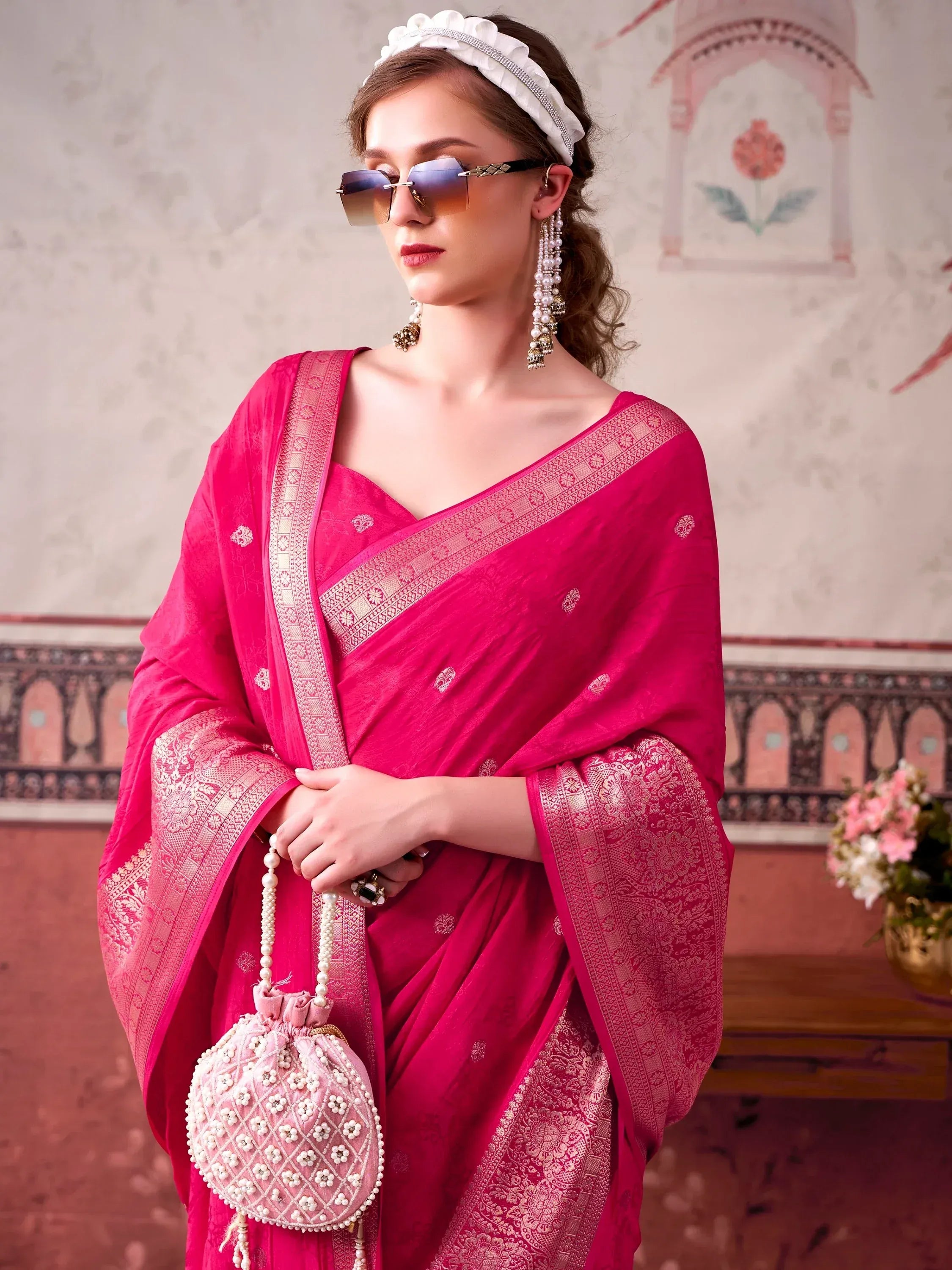 Lovely Rani Pink Zari Weaving Chinon Event Wear Saree With Blouse