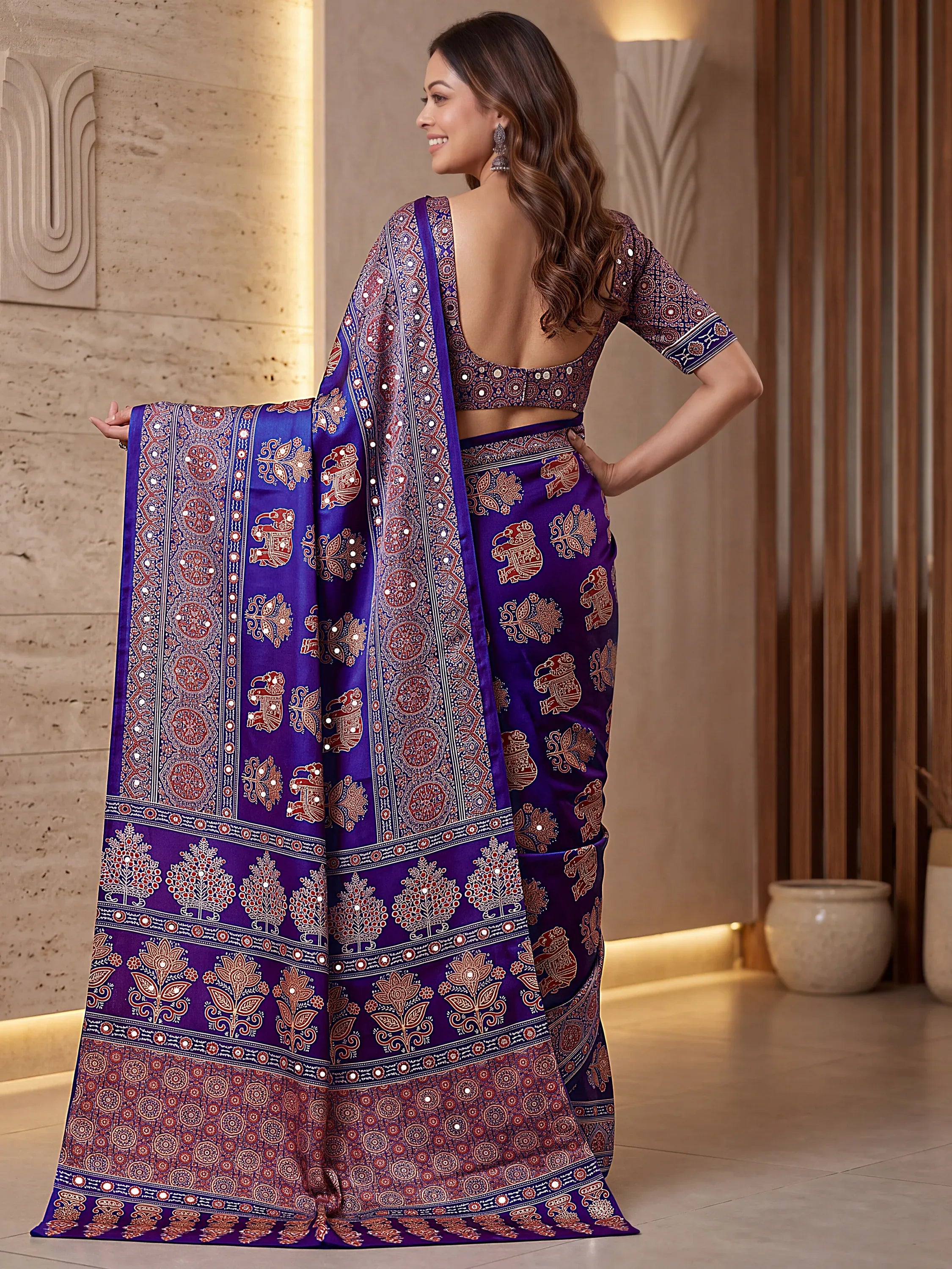 Glorious Purple Ajarak Printed Crepe Silk Festive Wear Saree With Blouse