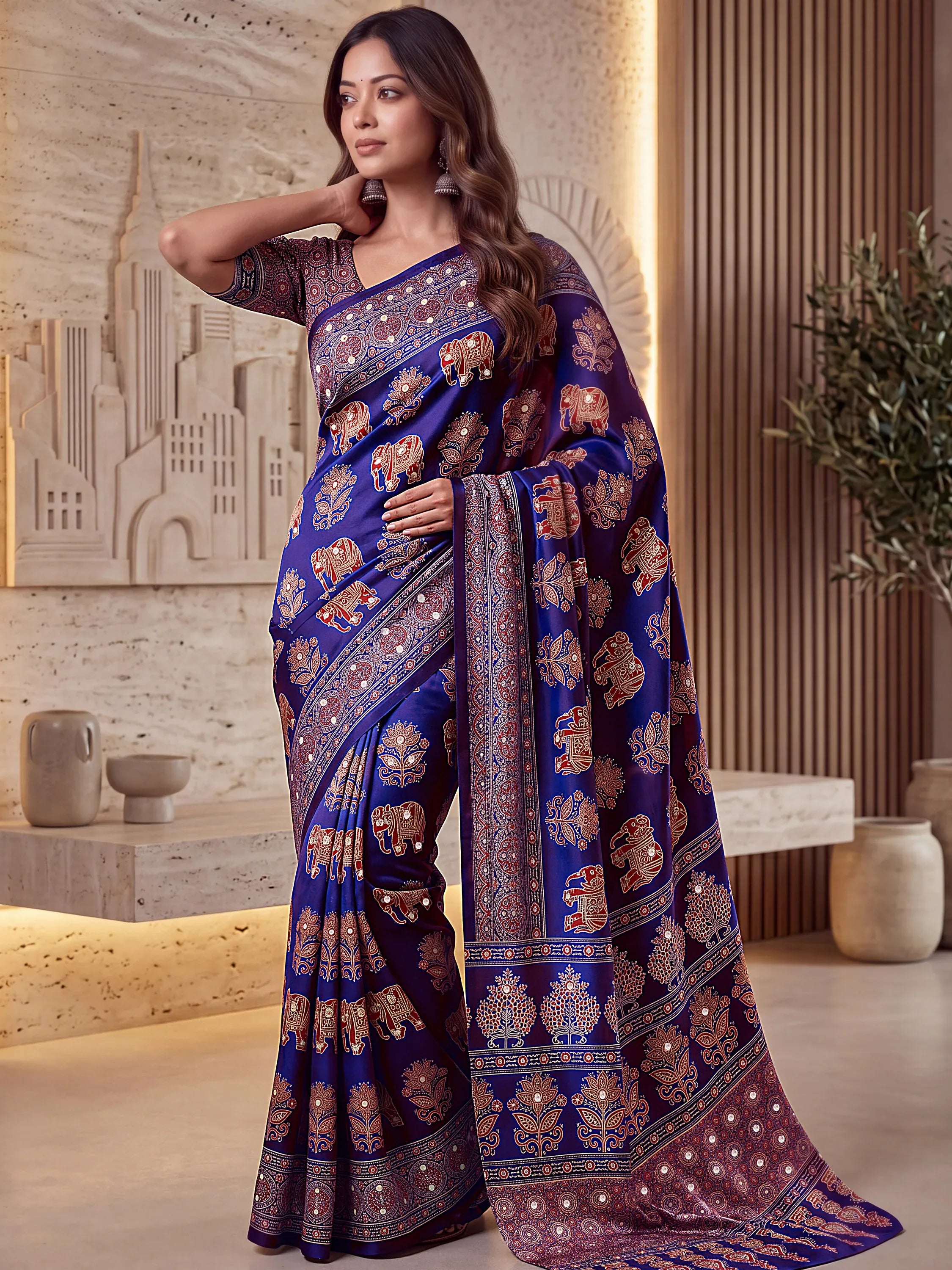 Glorious Purple Ajarak Printed Crepe Silk Festive Wear Saree With Blouse