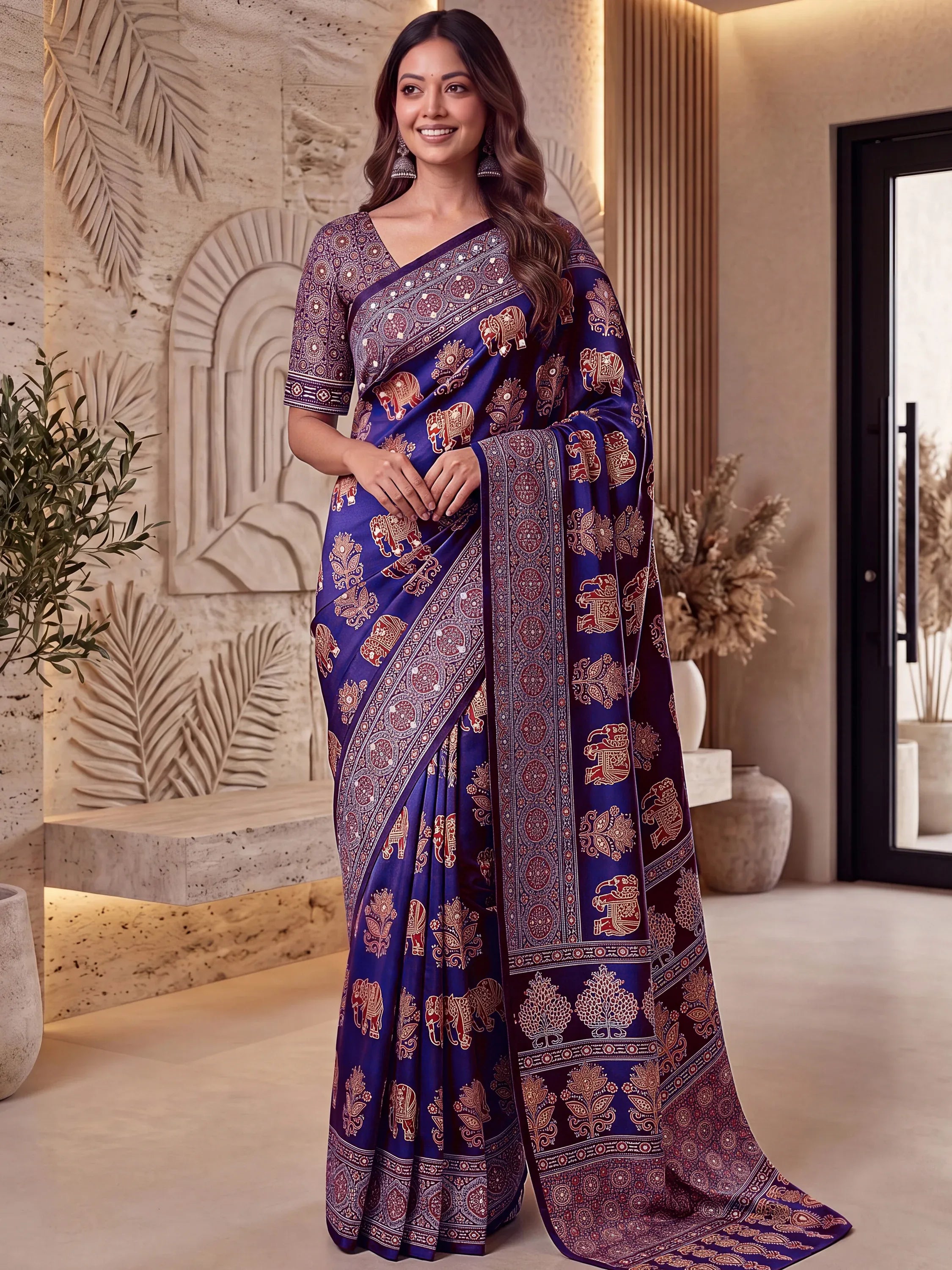 Glorious Purple Ajarak Printed Crepe Silk Festive Wear Saree With Blouse
