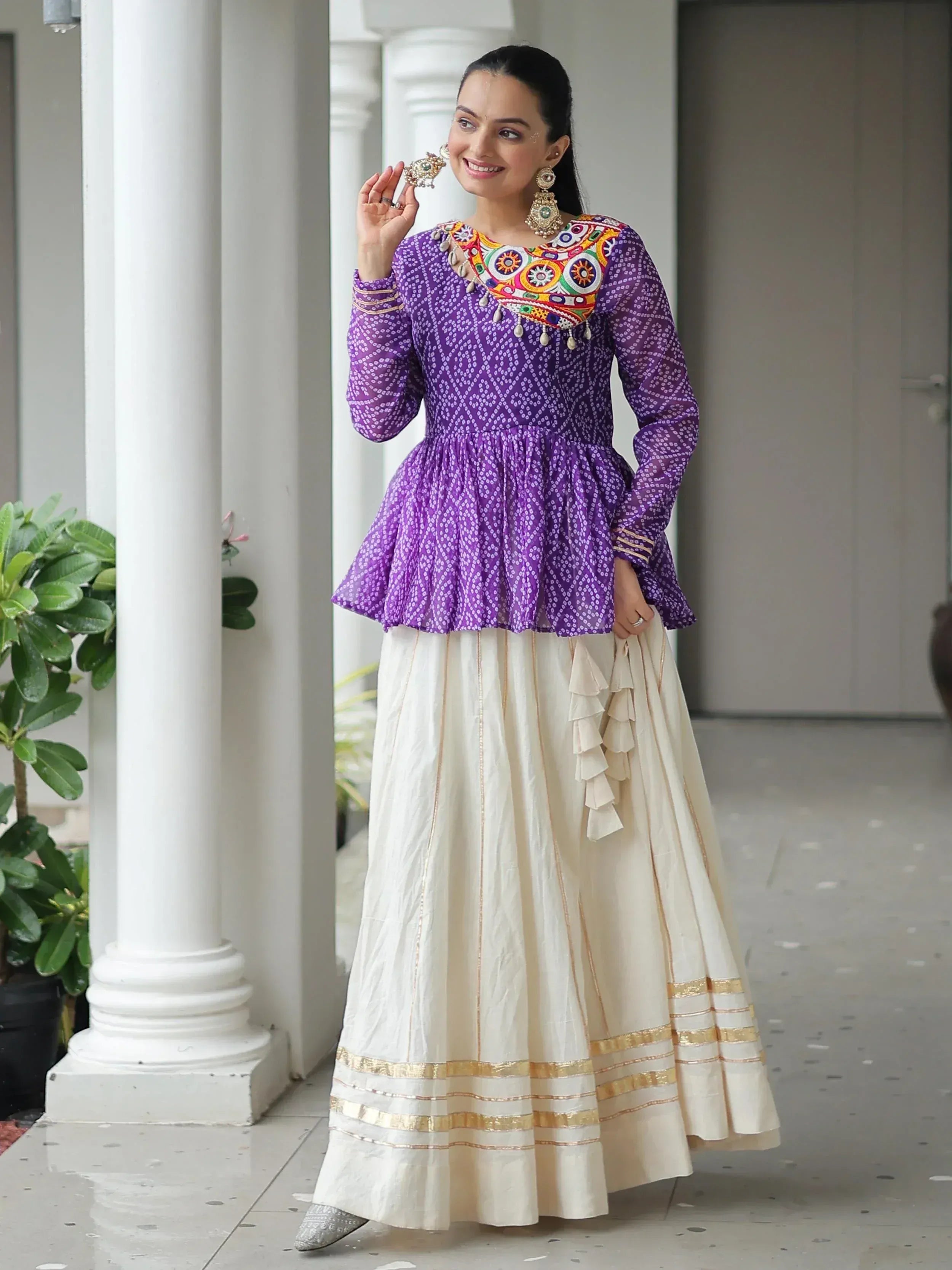 Purple embroidered kurta with white ruffled skirt, Indian ethnic wear for women