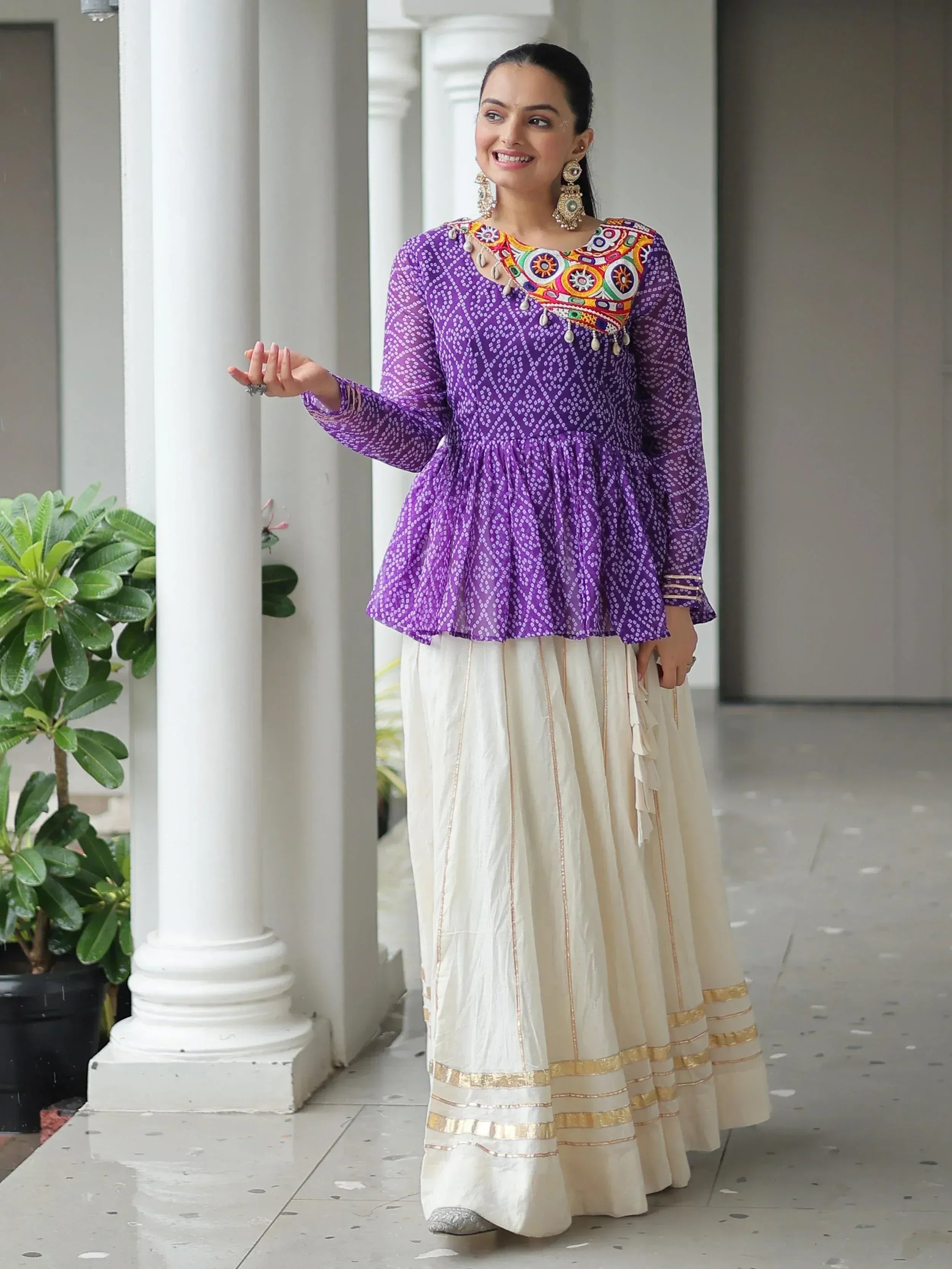 Purple embroidered peplum top with cream palazzo pants, Indian ethnic wear