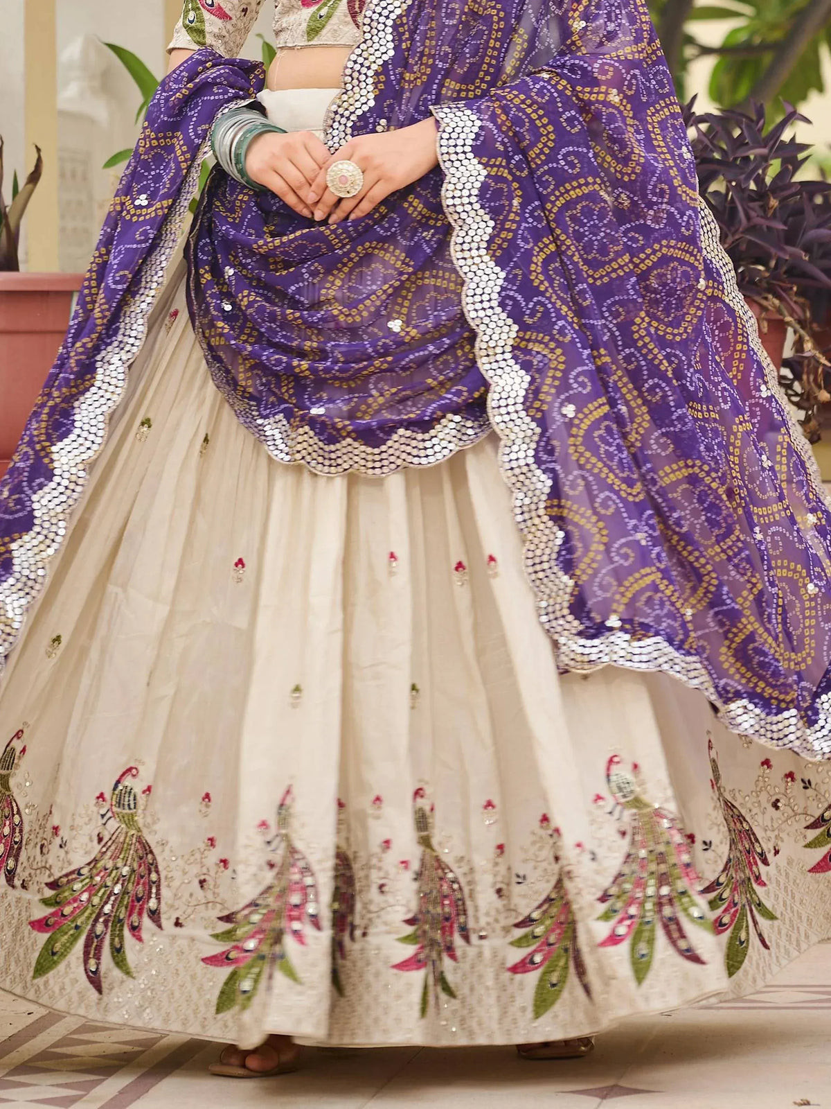 Purple and cream lehenga choli with peacock embroidery and sequin dupatta, Indian ethnic wear