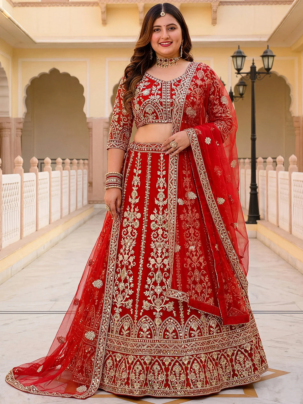 Majestic Red Embroidered Net Wedding Wear Plus Size Lehenga Choli