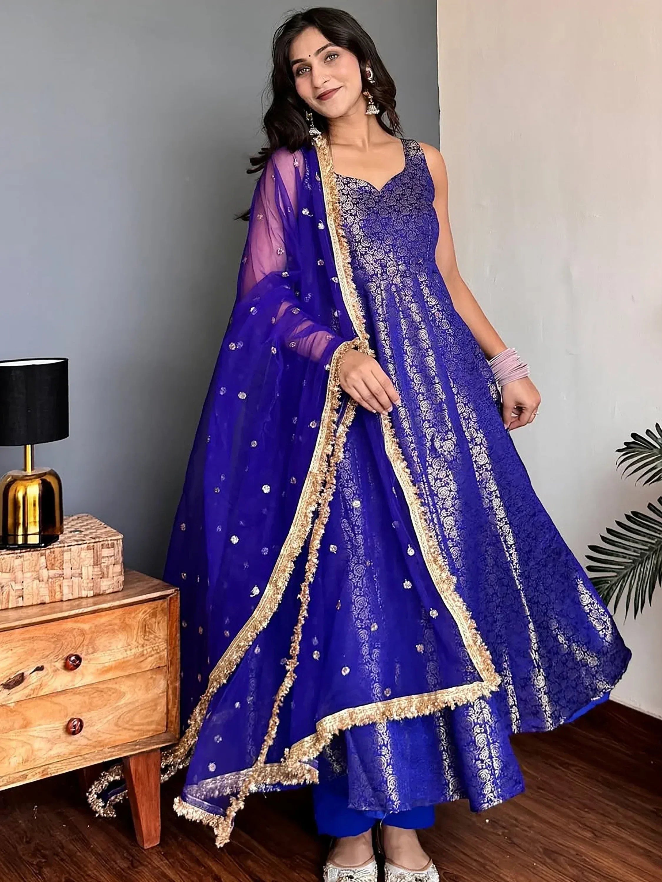 Glowing Blue Zari Weaving Jacquard Function Wear Gown With Dupatta