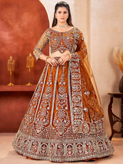 Fabulous Orange Embroidered Net Reception Wear Lehenga Choli