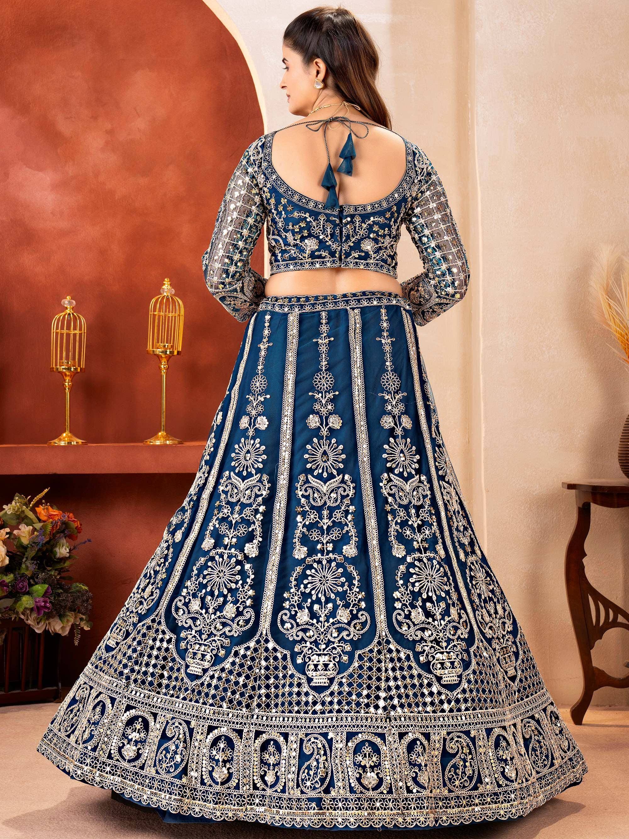 Adorable Teal Blue Embroidered Net Party Wear Lehenga Choli