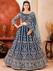 Adorable Teal Blue Embroidered Net Party Wear Lehenga Choli