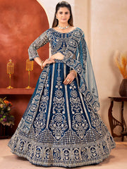Adorable Teal Blue Embroidered Net Party Wear Lehenga Choli