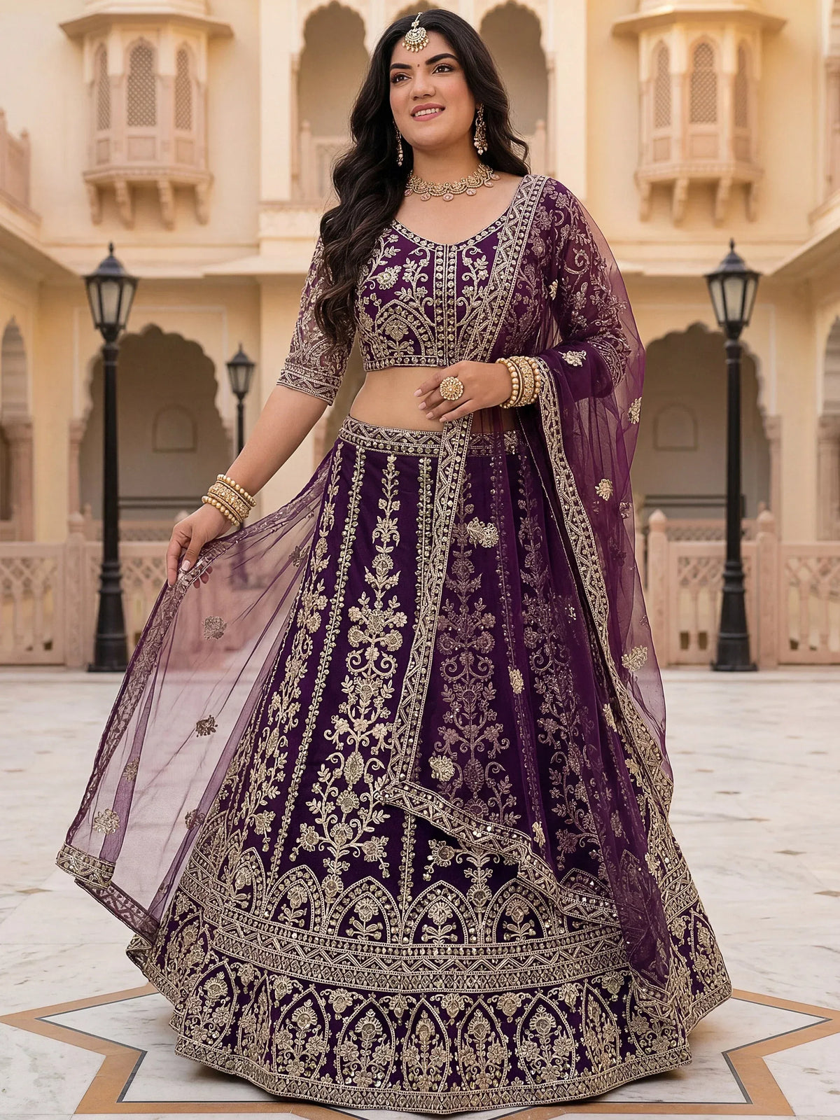 Precious Wine Embroidered Net Engagement Wear Plus Size Lehenga Choli