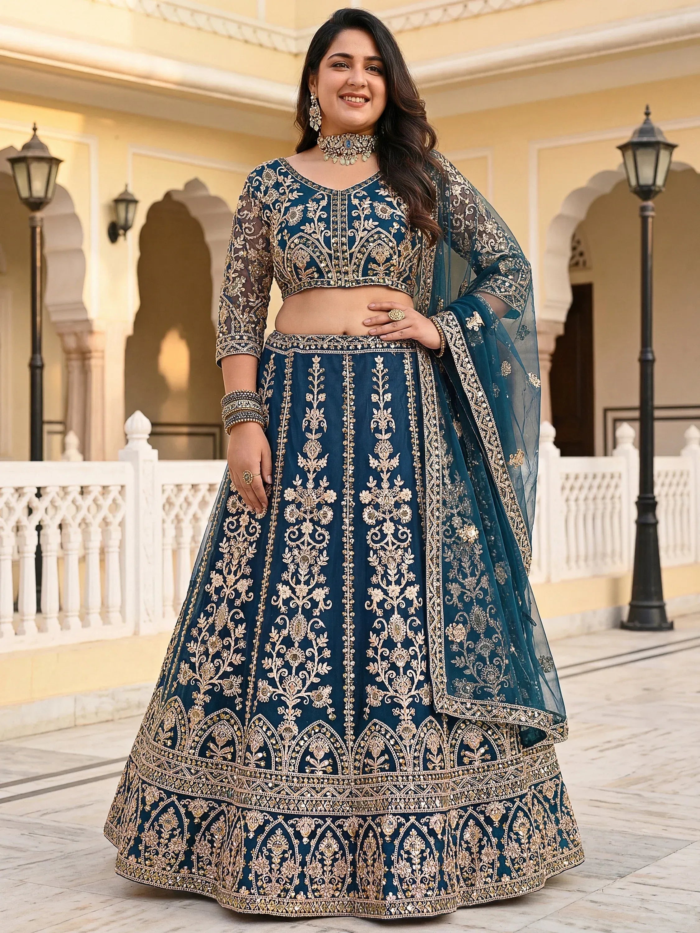 Wonderful Blue Embroidered Net Reception Wear Plus Size Lehenga Choli