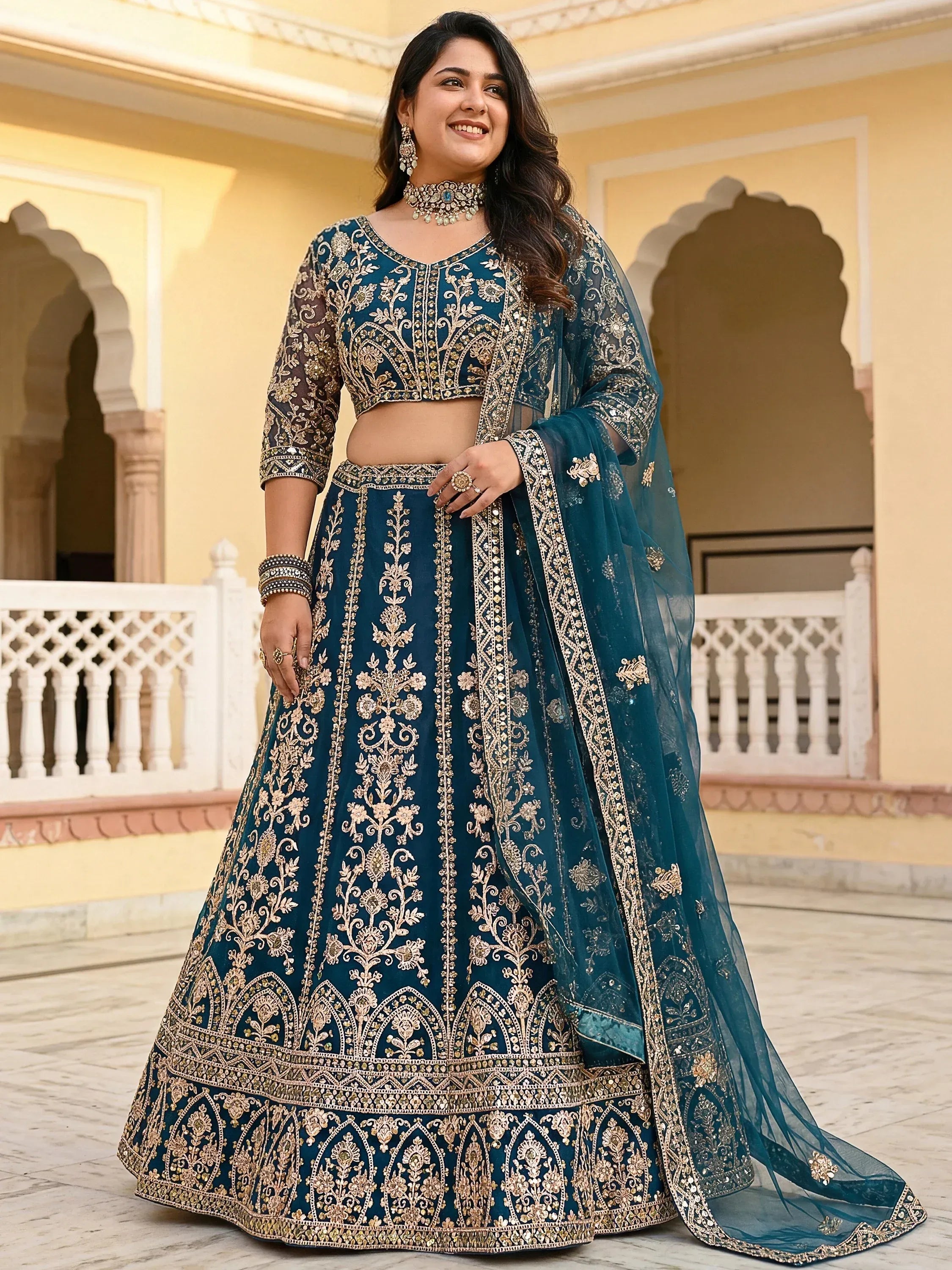 Wonderful Blue Embroidered Net Reception Wear Plus Size Lehenga Choli