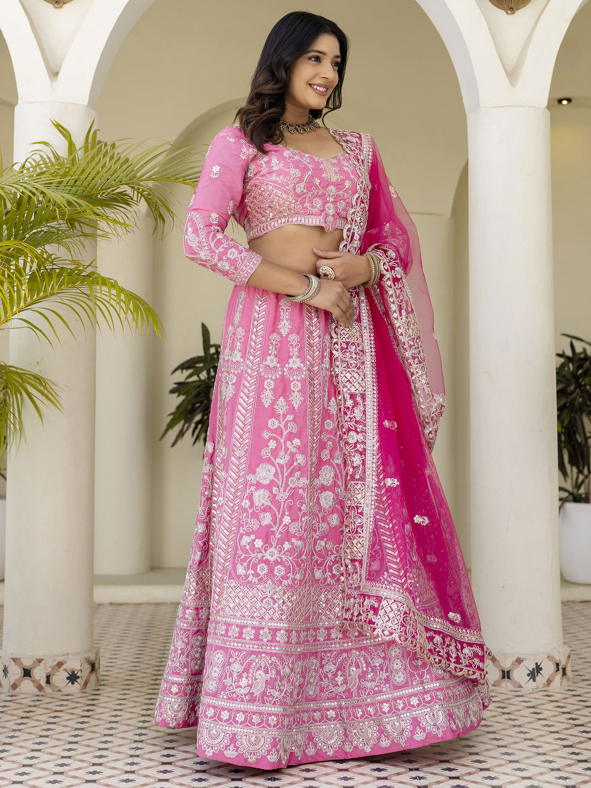Graceful Pink Coding Embroidery Crepe Engagement Wear Lehenga Choli