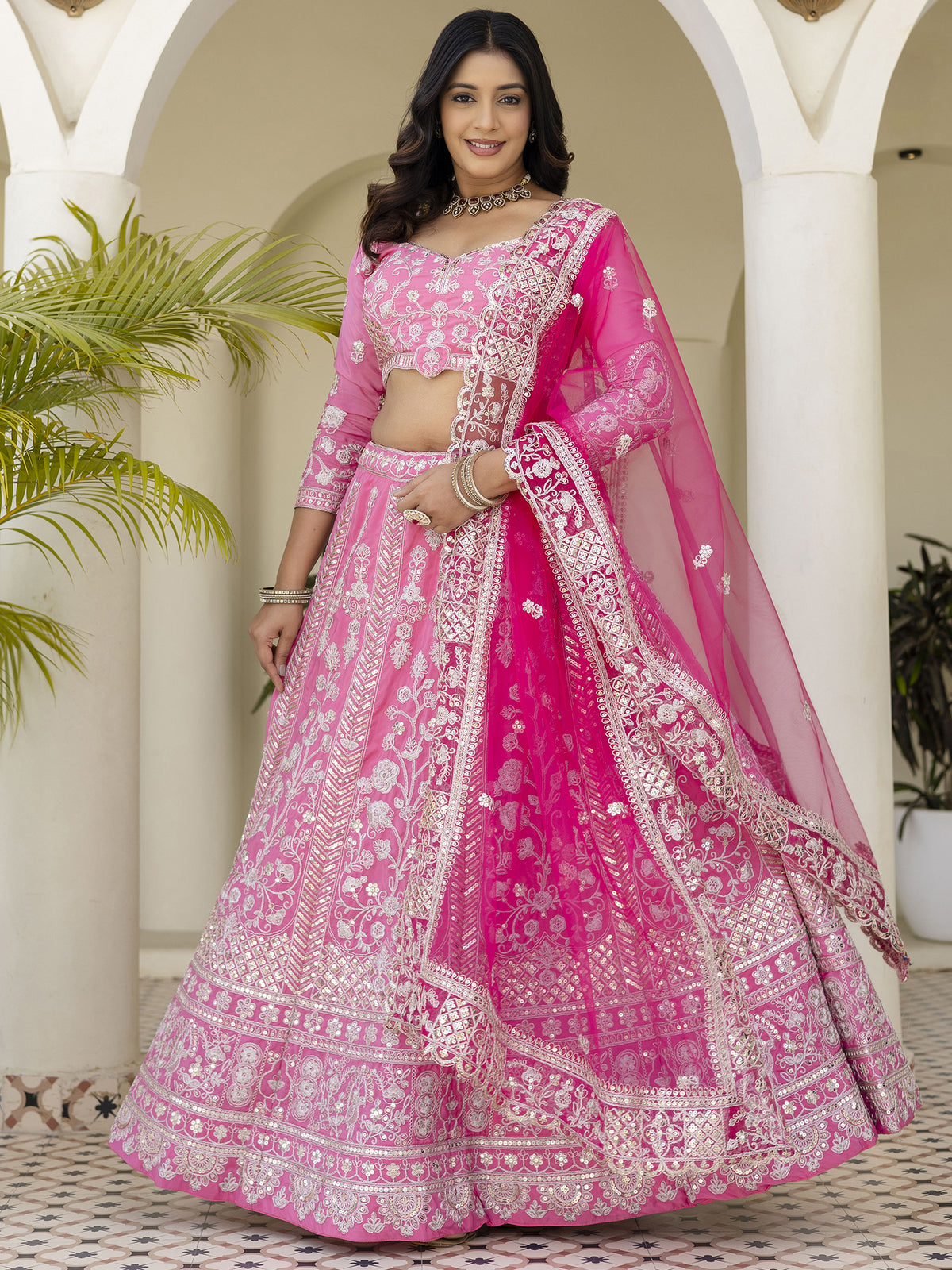 Graceful Pink Coding Embroidery Crepe Engagement Wear Lehenga Choli